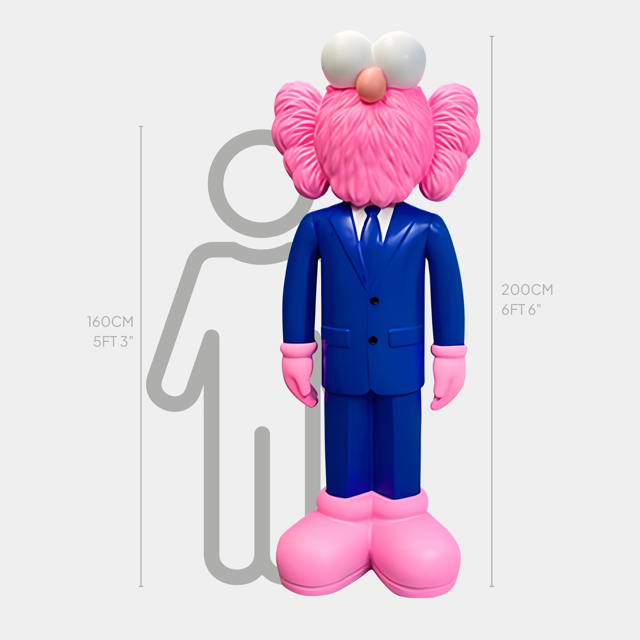 The Cobalt Blue Suit Iconify CEO Sculpture by Giant Sculptures stands tall at 200cm, featuring a colorful design with a fuzzy pink head, large white eyes, and pink ears against a height graphic backdrop adorned with contemporary art.