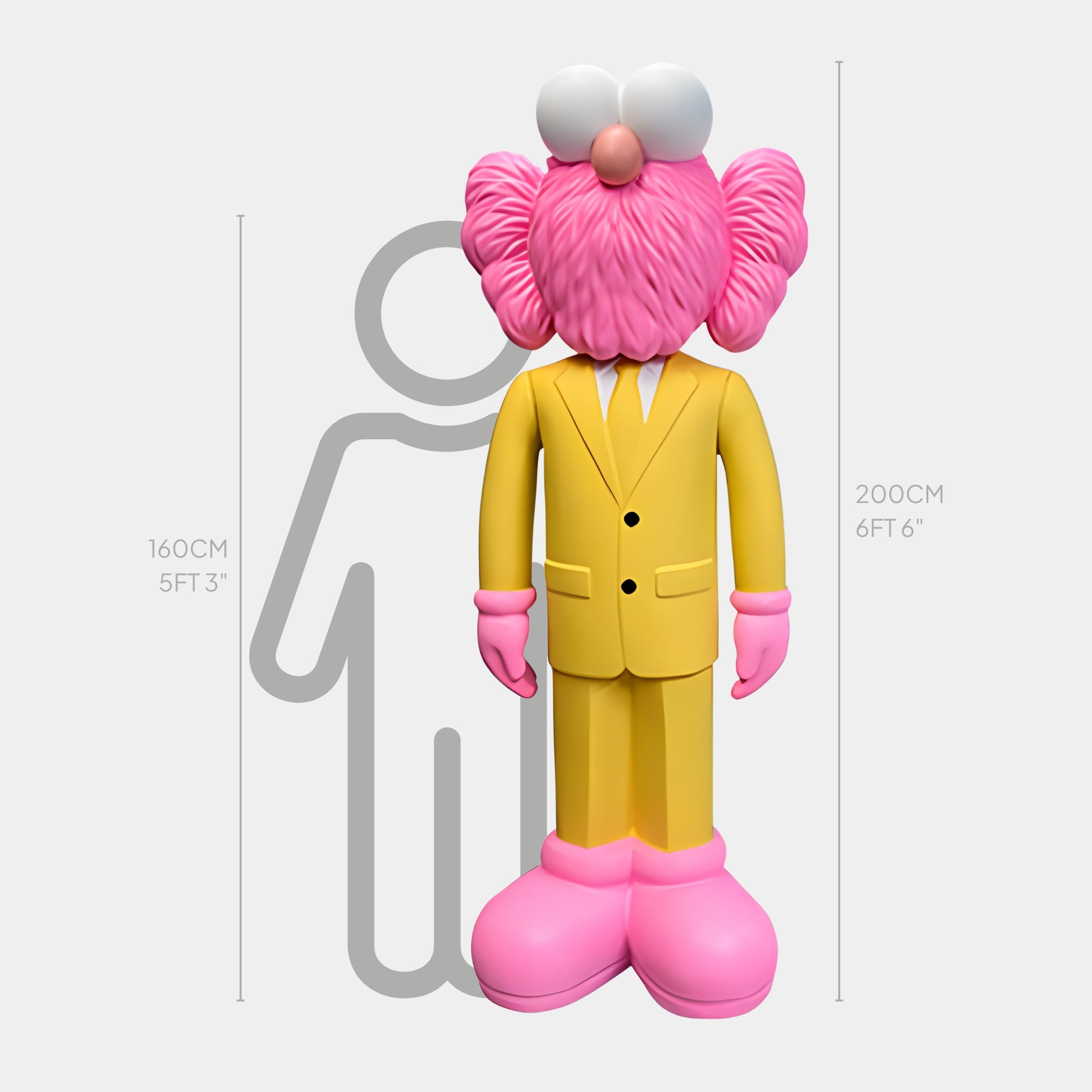 The Sunbeam Yellow Suit Iconify CEO Sculpture (200 cm) by Giant Sculptures features a pink-textured head and oversized shoes. It stands before height markers of 160 cm and 200 cm, showcasing modern design elements.