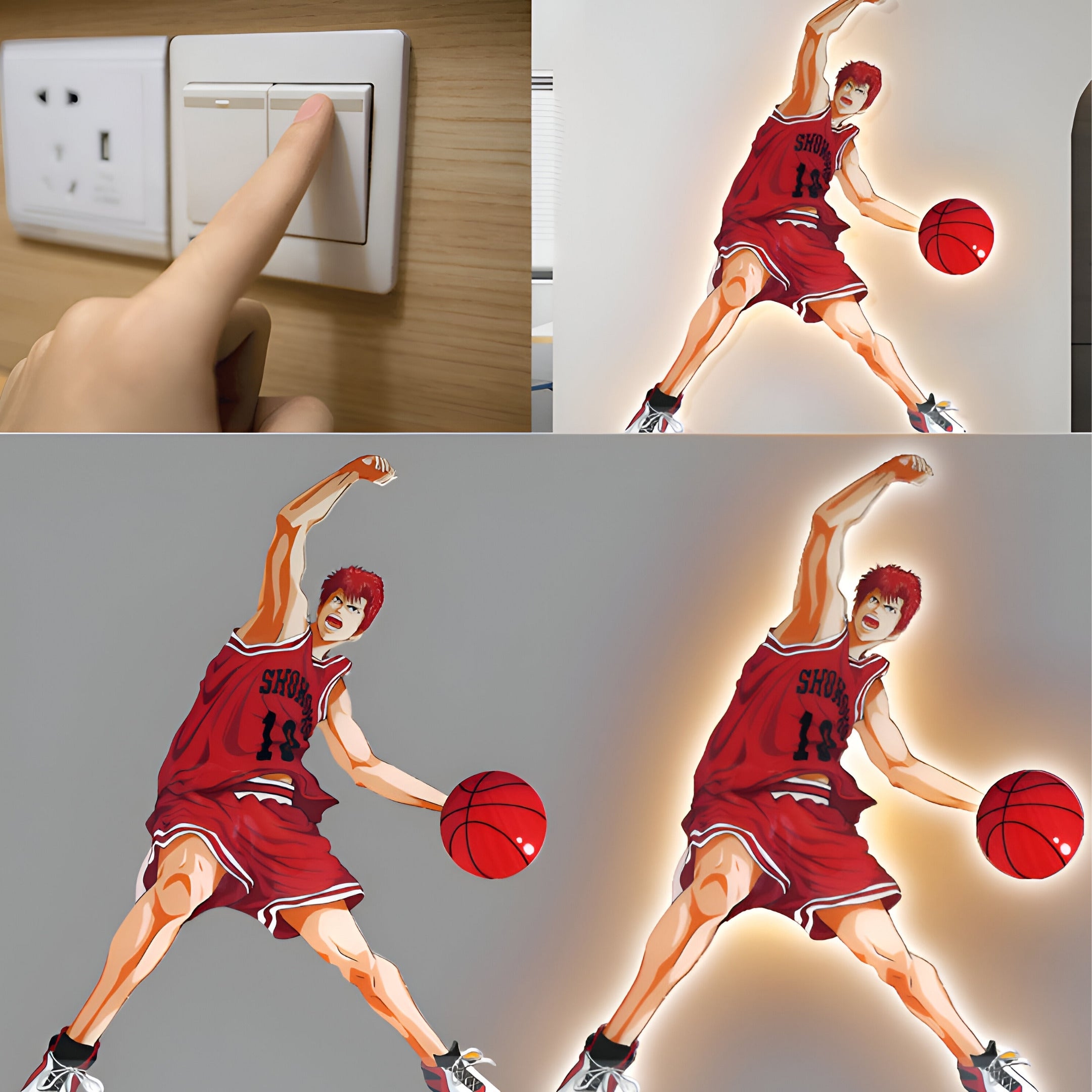 The Enlustra I Game On UV Wood LED Wall Art by Giant Sculptures shows a hand switching lights on/off, illuminating a cartoon character in red basketball gear holding a glowing basketball. The character glows brightly under UV light and dims when off.