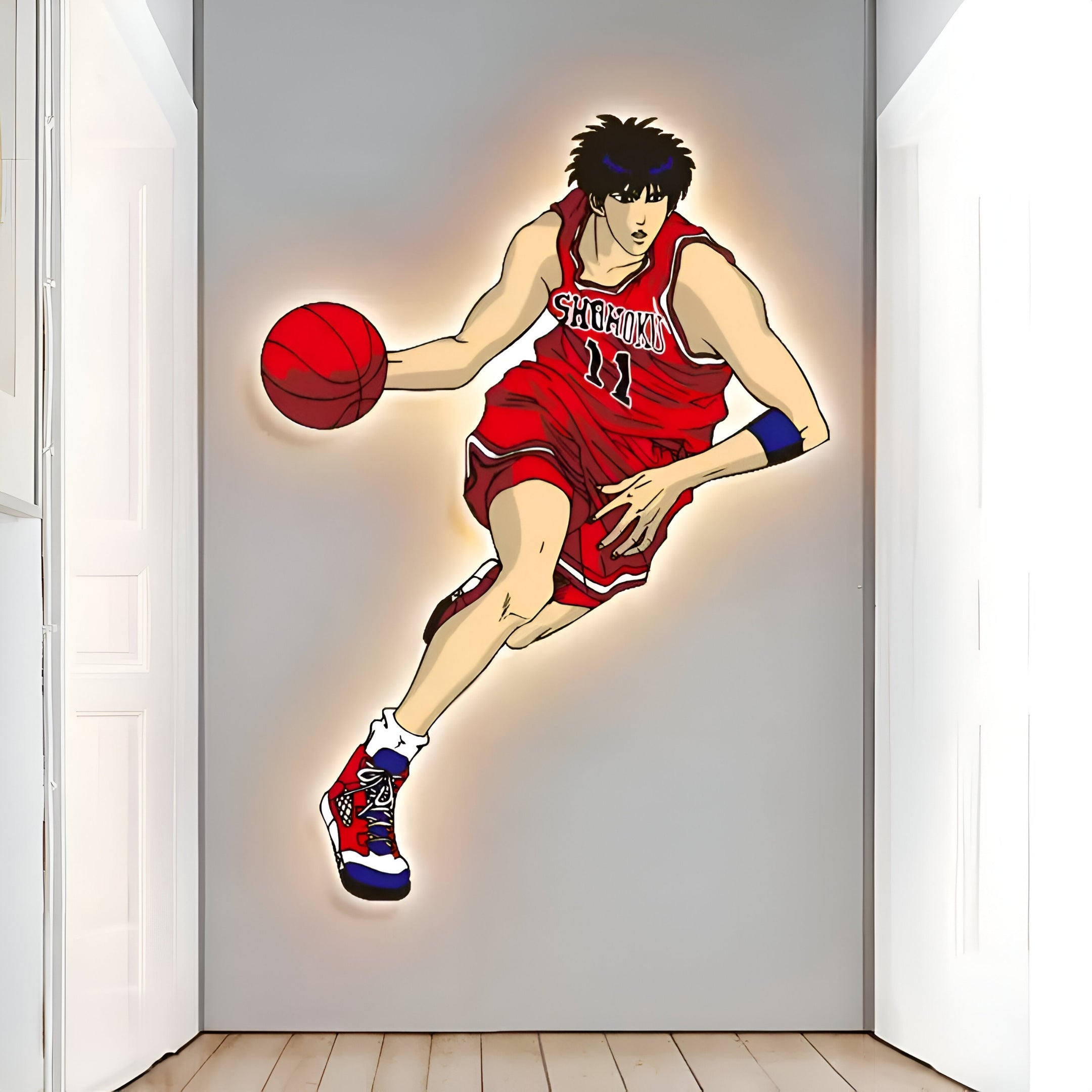 Enlustra II Game On UV LED Wall Art by Giant Sculptures features a digital illustration of an animated basketball player in mid-air, wearing the number 11 red SHOHOKU jersey. The player dribbles a red basketball under futuristic LED illumination, set against a minimalist indoor backdrop.