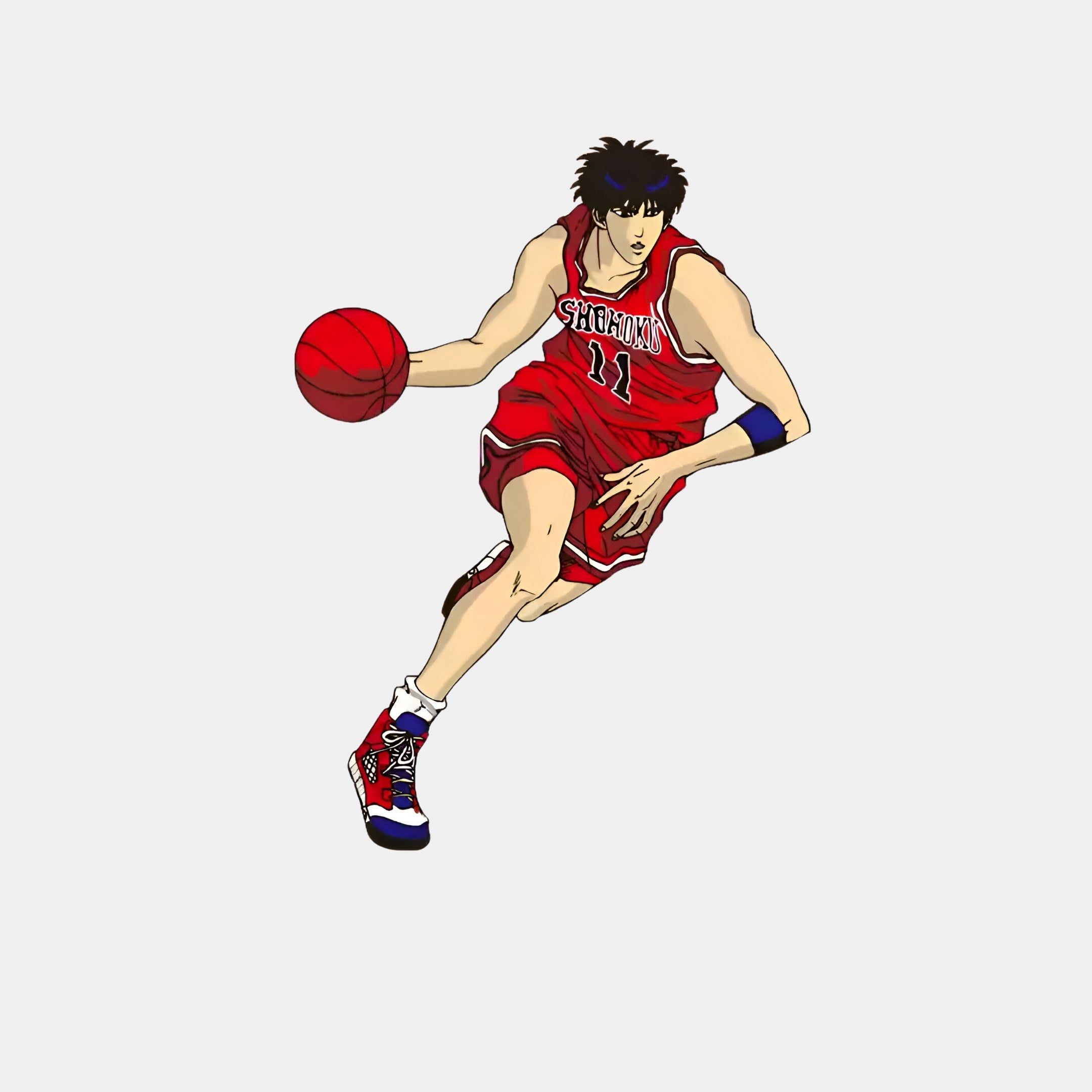 The Enlustra II Game On UV LED Wall Art by Giant Sculptures features an anime-style basketball player in a modern red jersey and shorts, numbered 11, dribbling a matching red ball. His black hair and vibrant red sneakers create a perfect gaming-inspired image for your space.