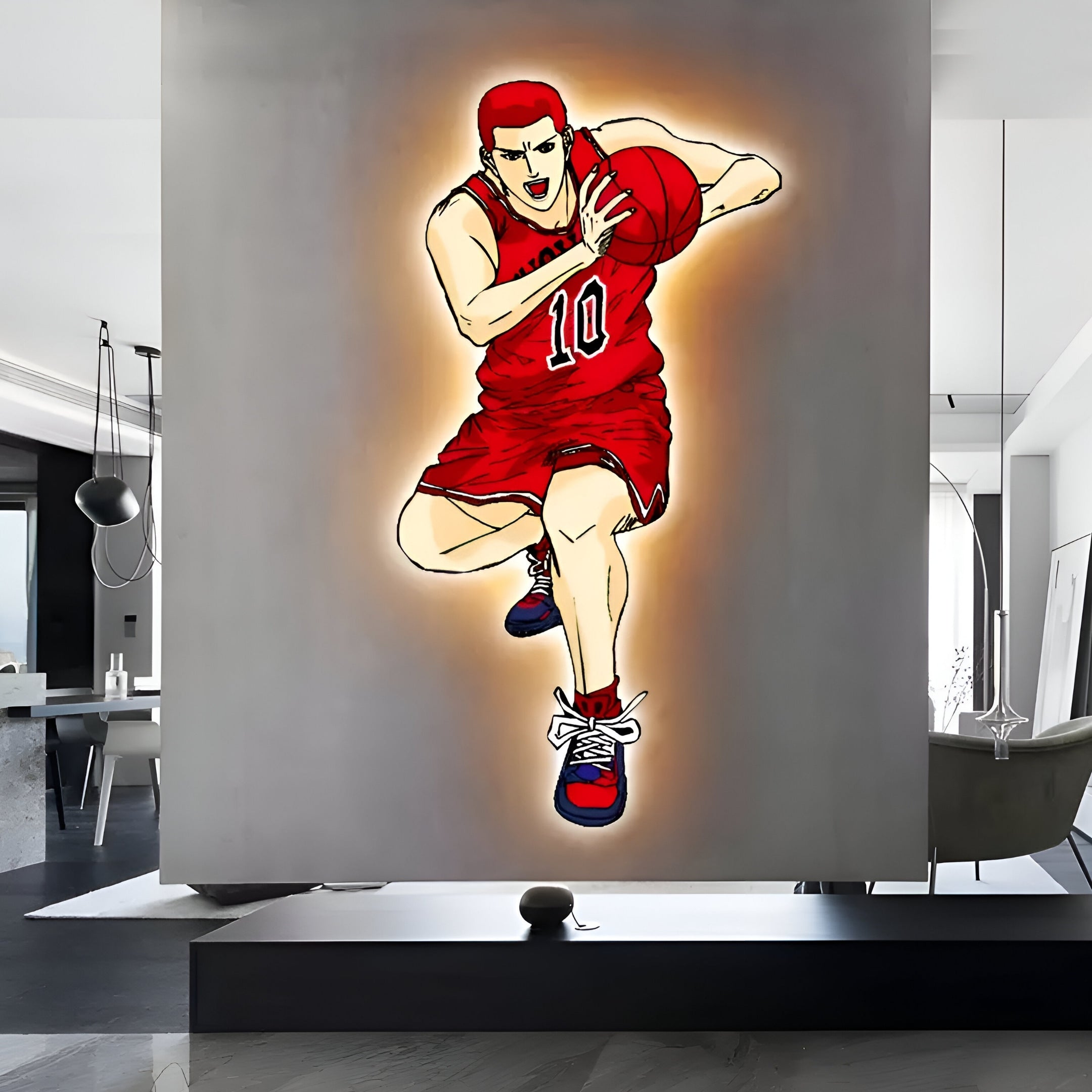 A vibrant artwork from Giant Sculptures called Enlustra III Game On UV LED Wall Art features a basketball player in a red jersey holding a ball, mid-action on a sleek, futuristic wall in a minimalist room, capturing dynamic gaming-inspired visuals with enhanced brilliance.