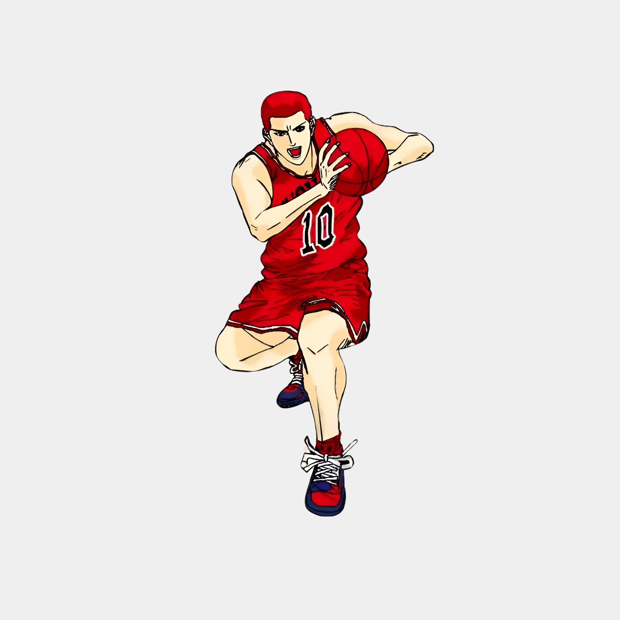 An anime character in a basketball uniform dribbles with flair, wearing a red jersey numbered 10. Their vivid red hair pops against the Enlustra III Game On UV LED Wall Art by Giant Sculptures, enhancing the dynamic pose on a sleek, futuristic canvas.