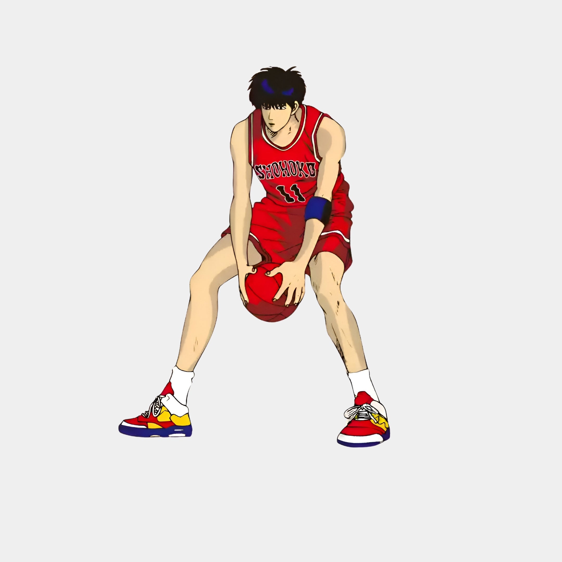 A basketball player in mid-dribble, wearing a red Yokomoku jersey and colorful sneakers, is depicted against a white backdrop. This gaming-inspired artwork by Giant Sculptures is perfect as the Enlustra IV Game On UV LED Wall Art to enhance any rooms ambiance.