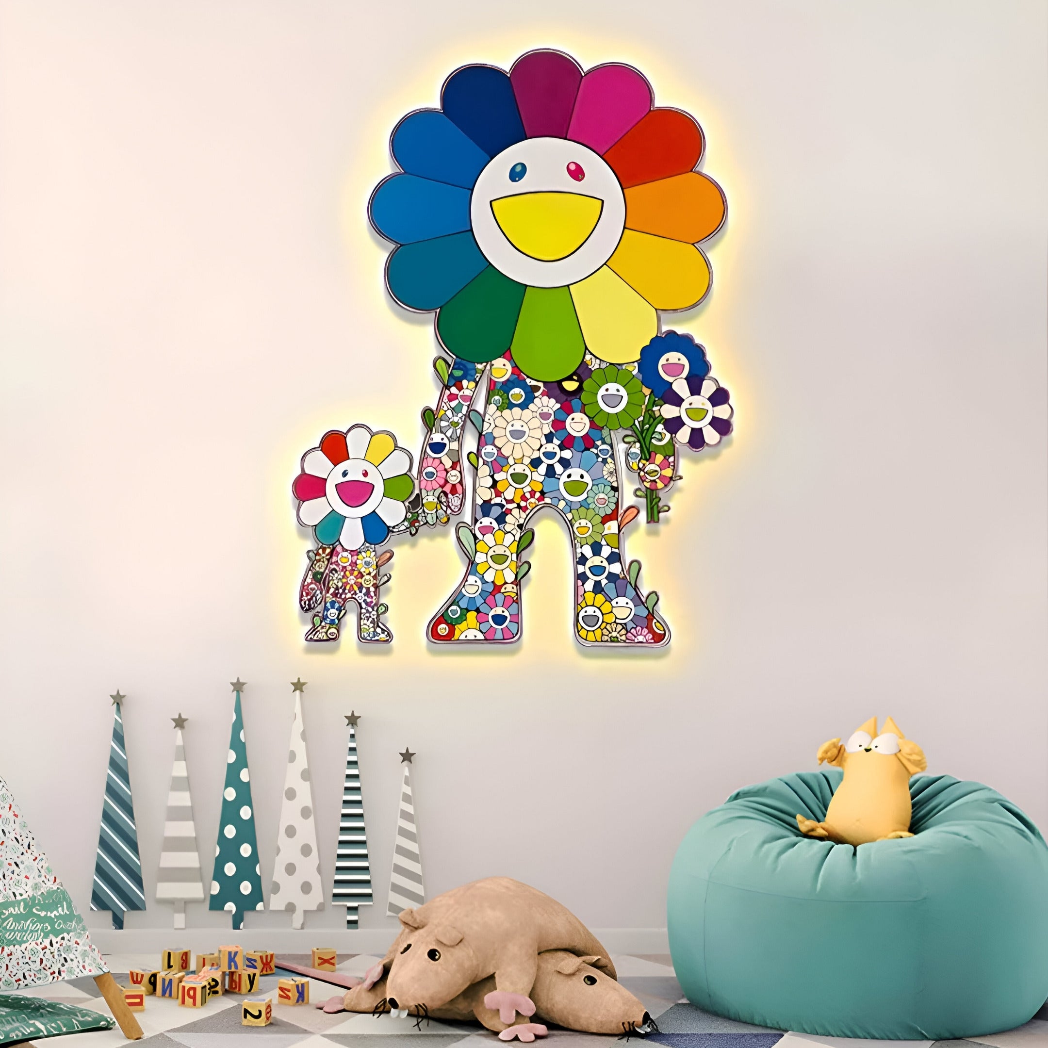 The Clovelle Floral Bliss UV Wood Carving LED Wall Art by Giant Sculptures presents a vibrant floral motif with colorful, smiling flowers. A larger flower with multicolored petals is paired with a smaller one. Below, a cozy nook features a bean bag, toy cat, and plush creature on a patterned rug.