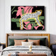 In a modern bedroom, a plush bed features green and pink pillows, while the Juniper I Botanical Escape Sandstone Wood Carving 3D LED Wall Art by Giant Sculptures illuminates above, showcasing a glowing leopard against abstract pink and green shapes. A small golden trophy adorns the bedside table.