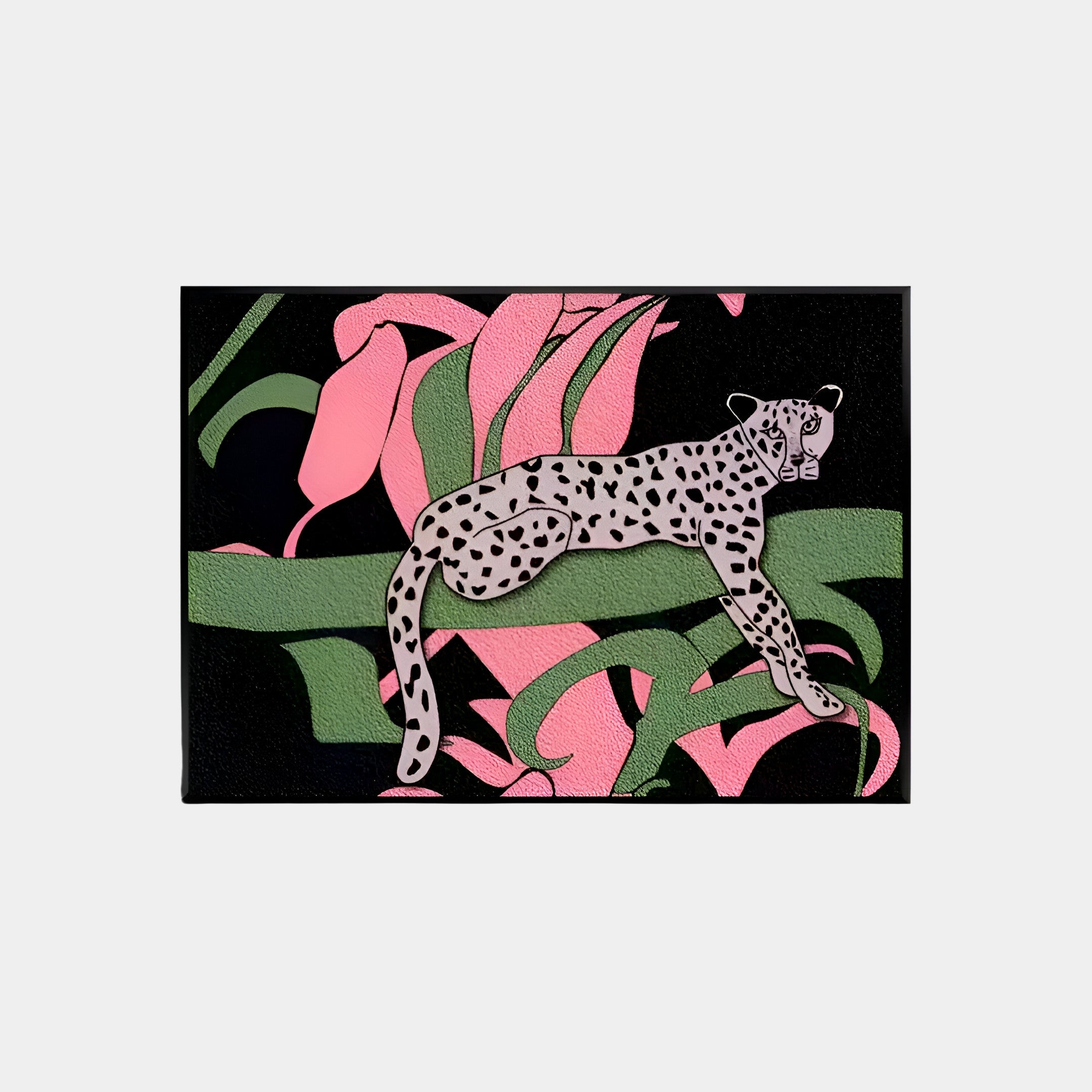 The Juniper II 3D LED Wall Art by Giant Sculptures features a leopard with black spots lounging on abstract pink and green shapes against a dark background, capturing the intricate essence of sandstone wood carving.