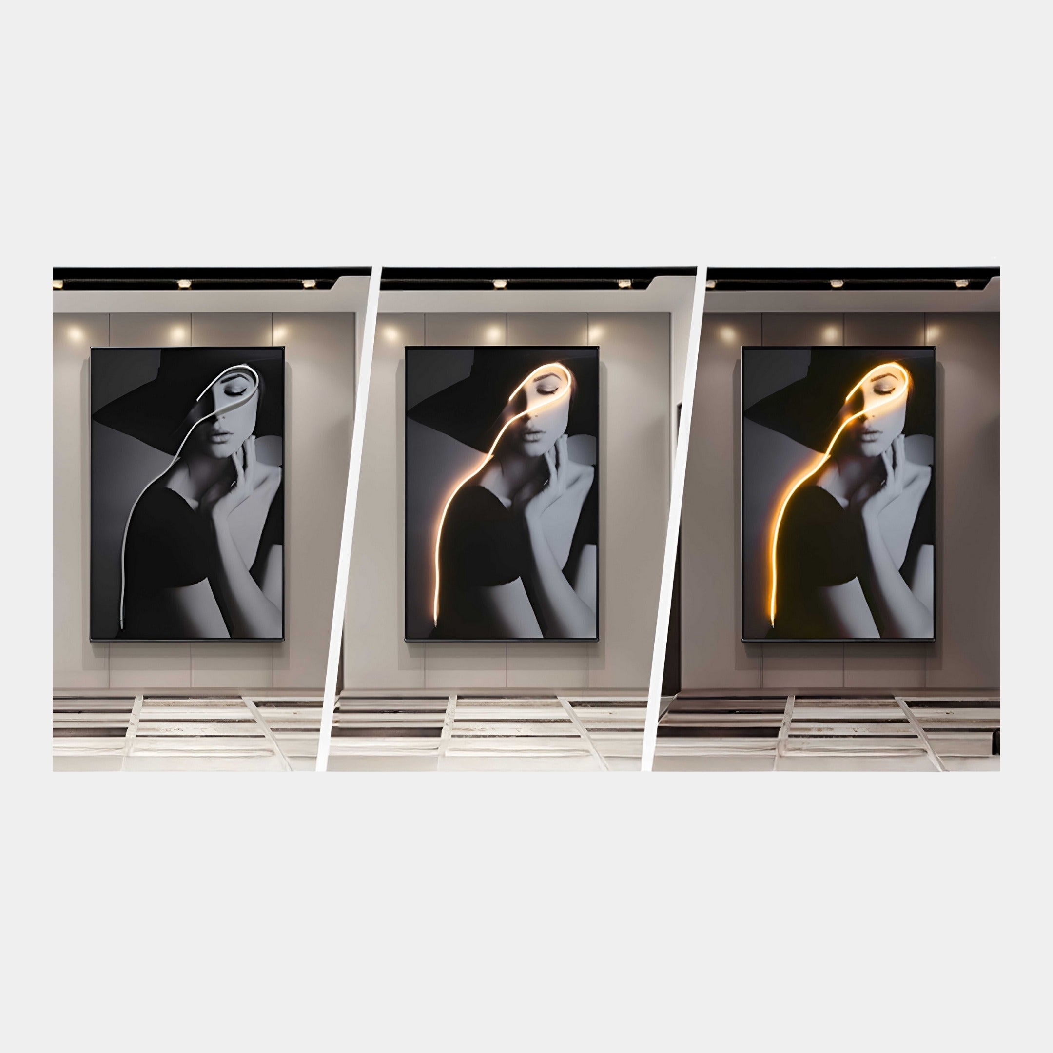 The Sylva Noir Muse Canvas LED Wall Art by Giant Sculptures features three side-by-side black-and-white portraits of the Sylva Noir Muse wearing a hat. The central and right images are enhanced with varied lighting, highlighting her face and hand, ideal for contemporary interiors.