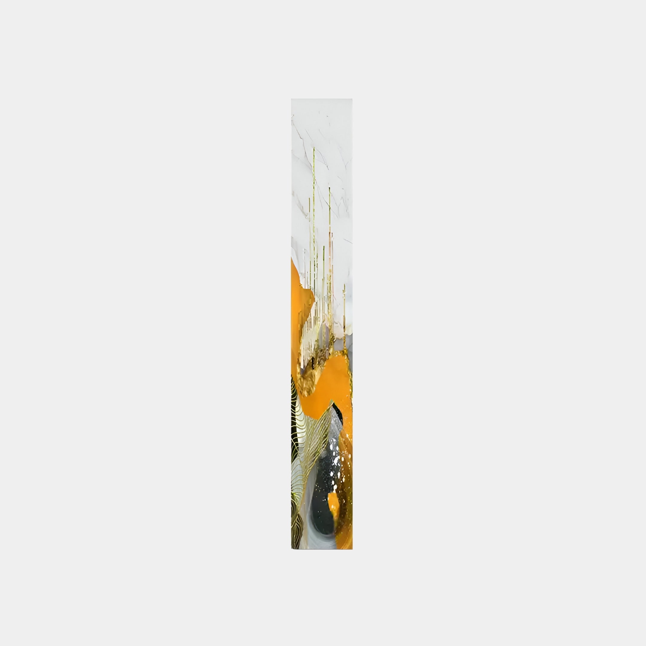 The Floren Amber Glow Canvas LED Wall Art by Giant Sculptures features a tall vertical abstract design with orange, yellow, and black splashes. Vertical lines and organic shapes form a dynamic composition on a light background, making it sophisticated gallery-worthy wall art.