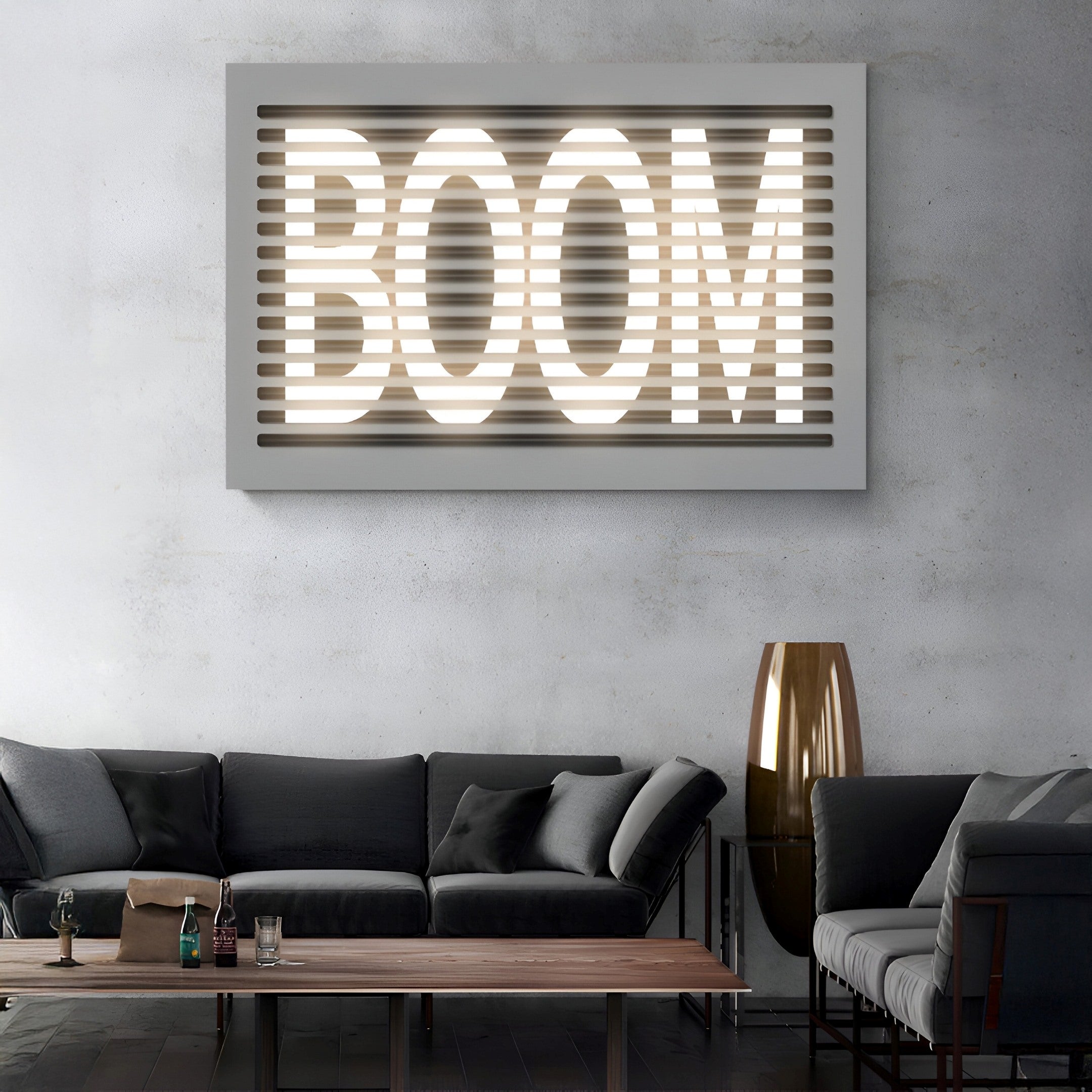 "LED wall art featuring the word 'BOOM' in a sleek frame, adding an industrial touch to a modern living room setting.