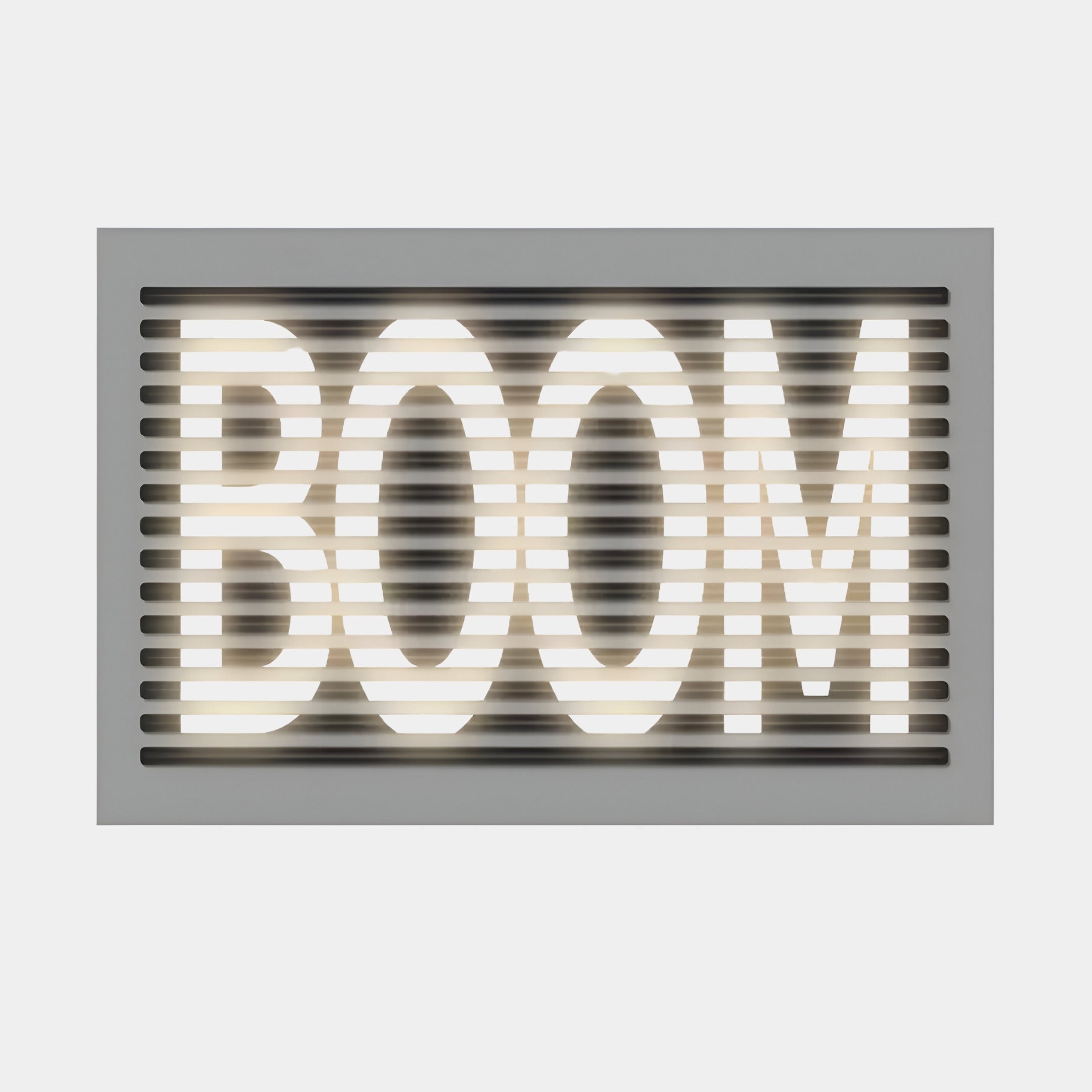 Contemporary wall art with the word 'BOOM' illuminated through horizontal slats, offering a bold and modern statement for interior spaces.