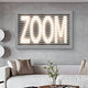 Modern wall art with the word ZOOM highlighted in an illuminated design, enhancing a cozy lounge space with industrial-inspired decor.