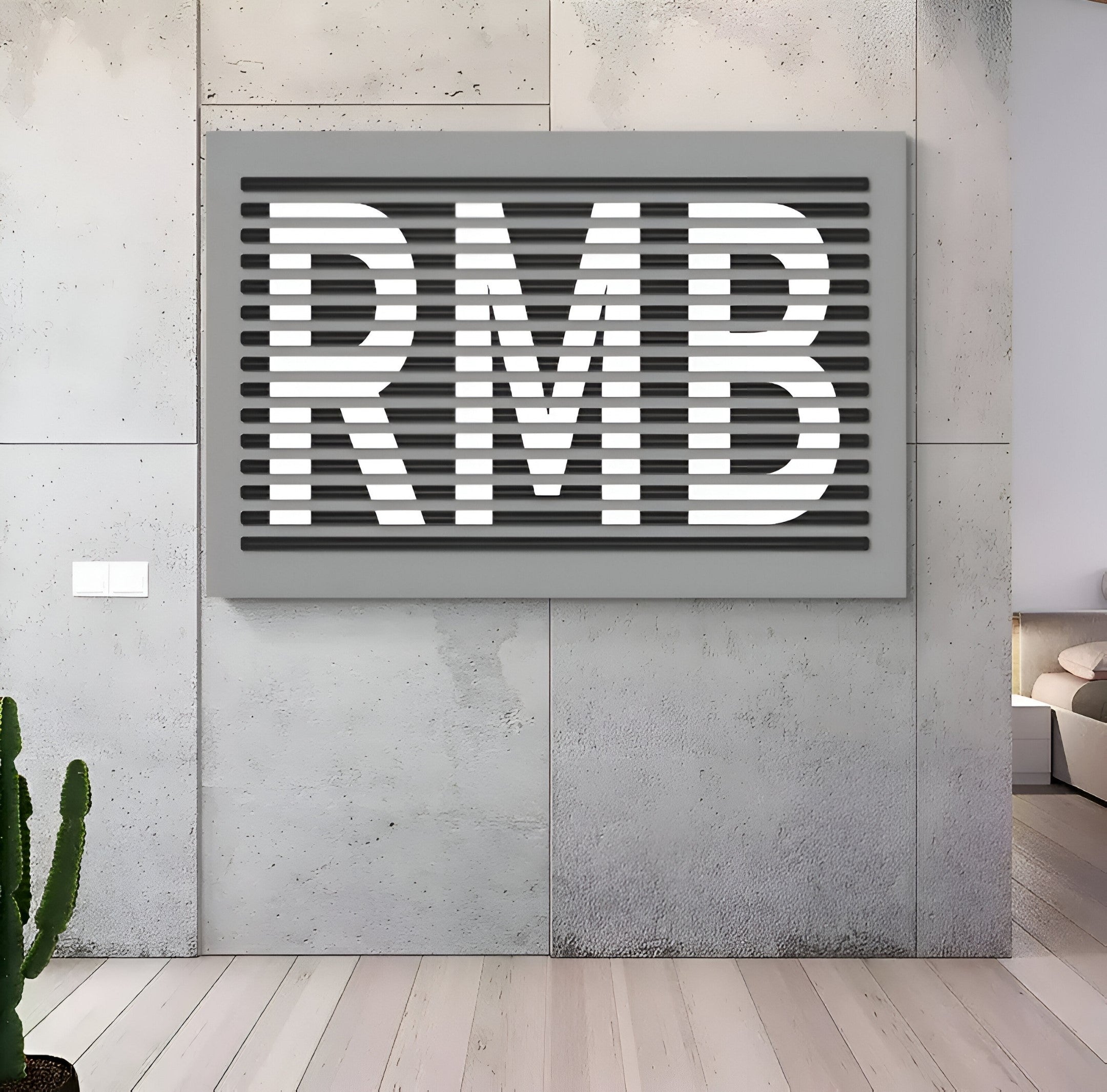 Contemporary wall art displaying the letters RMB with a layered slat design, perfect for adding a stylish accent to minimalist interiors.