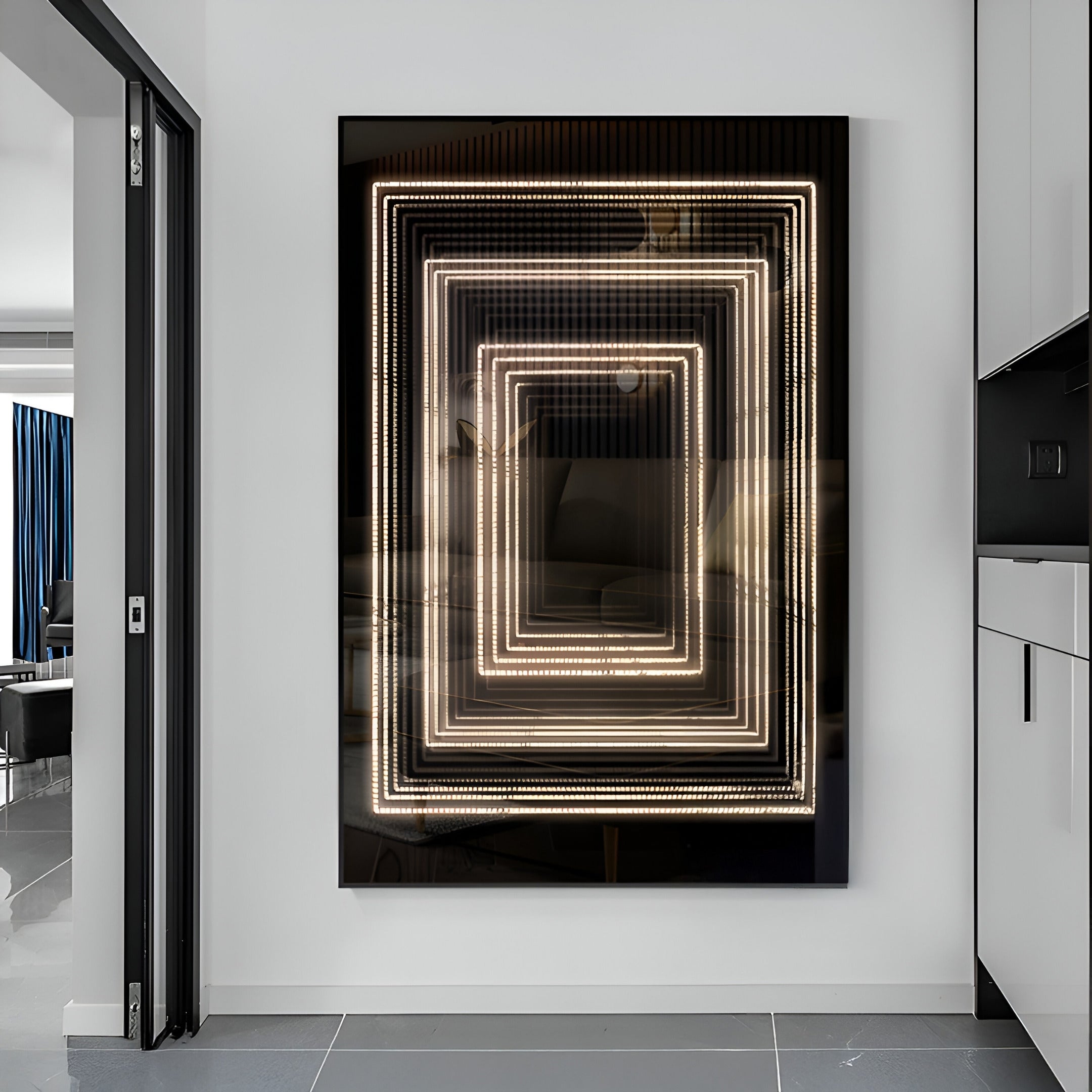 The Vitralis Urban Mirage 3D Mirror LED Wall Art by Giant Sculptures is mounted on a wall, featuring concentric rectangular lights for an entrancing optical illusion of deep infinity. Its installed in a sleek contemporary room with a partially visible living area, ideal for luxury interiors.