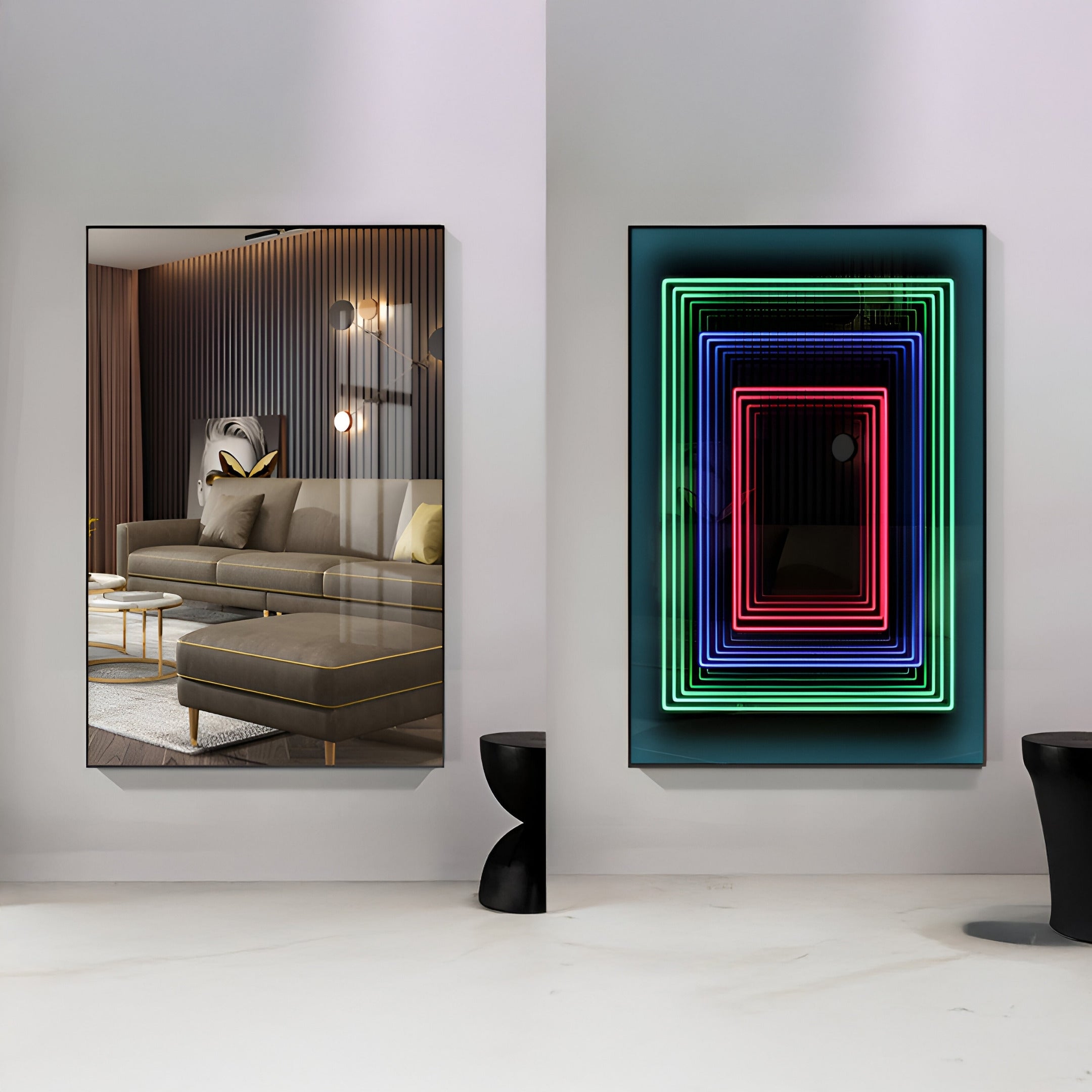 A modern living room showcases a gray sectional sofa with pillows, a round black side table, and stunning wall art. On the right, the Vitralis Colorwave 3D Mirror LED Wall Art by Giant Sculptures displays vibrant reflections with colorful concentric rectangles.