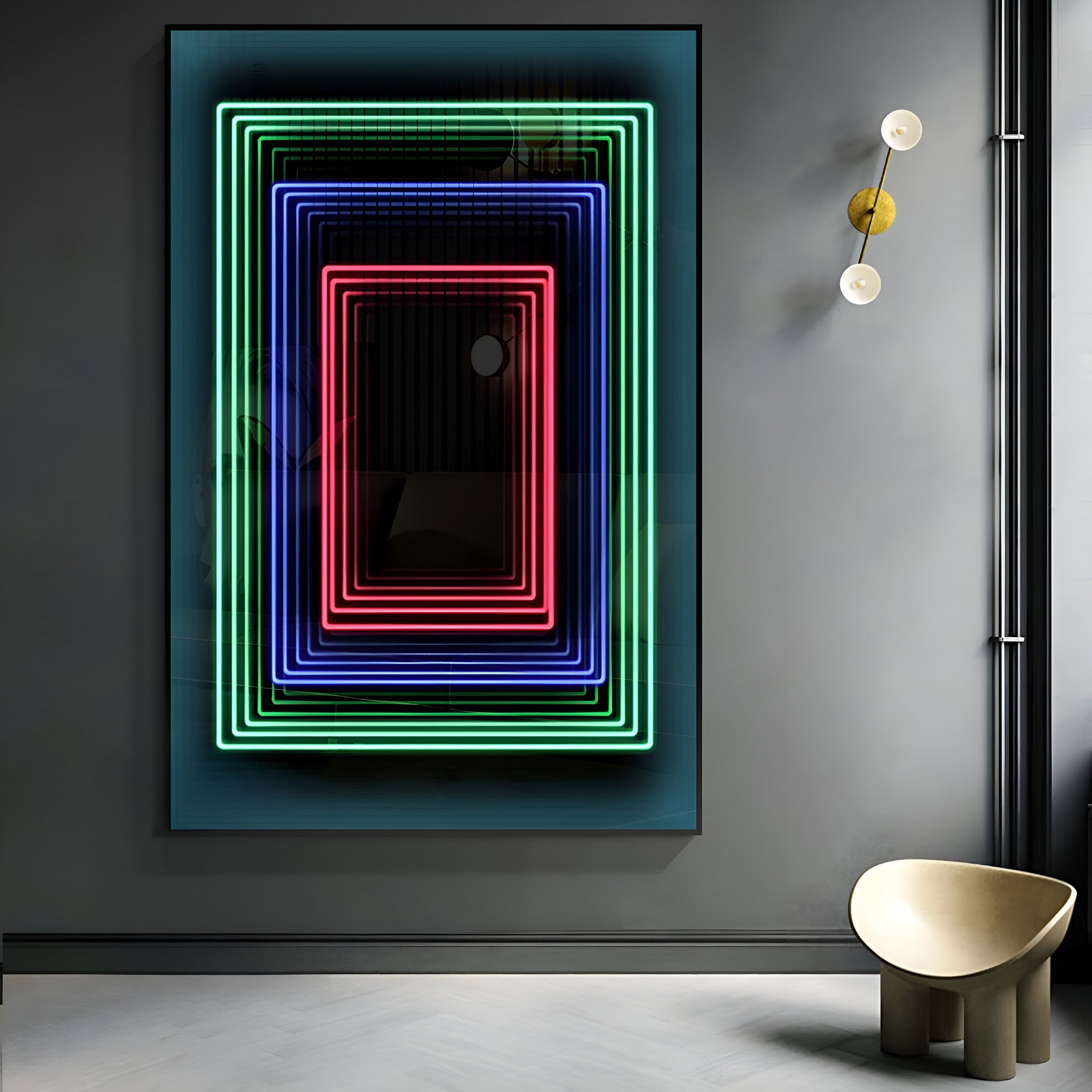 The Vitralis Colorwave 3D Mirror LED Wall Art by Giant Sculptures showcases layered neon rectangles in red, blue, and green, producing a vibrant 3D reflection. Its installed on a dark wall beside a minimalist sconce and is enhanced by a nearby contemporary chair.