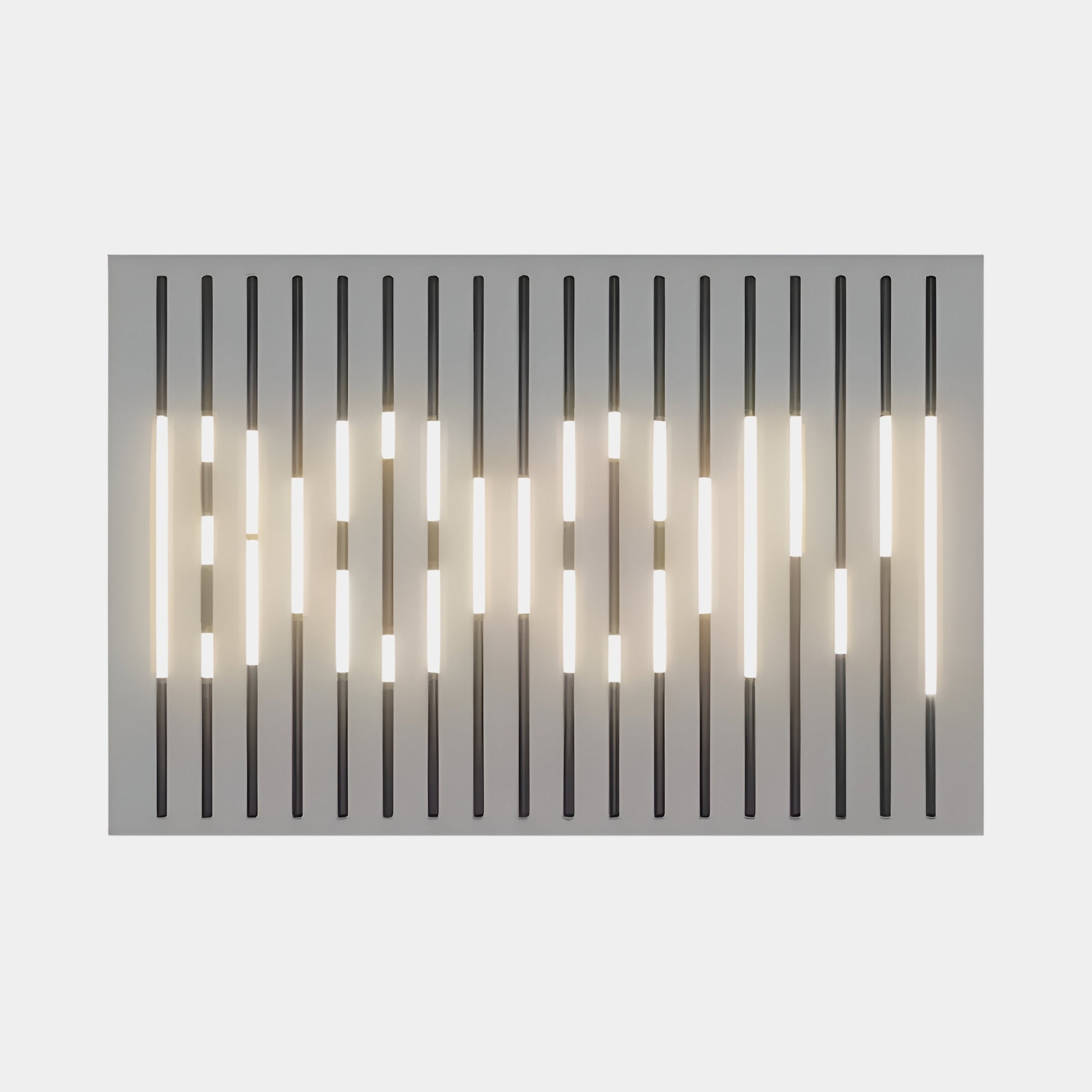 The Verlux Linear Harmony 3D LED Wall Art by Giant Sculptures features an abstract design with vertical black bars on a light gray background, accented by LEDs. Some bars glow white for symmetry and create an alternating light sequence.