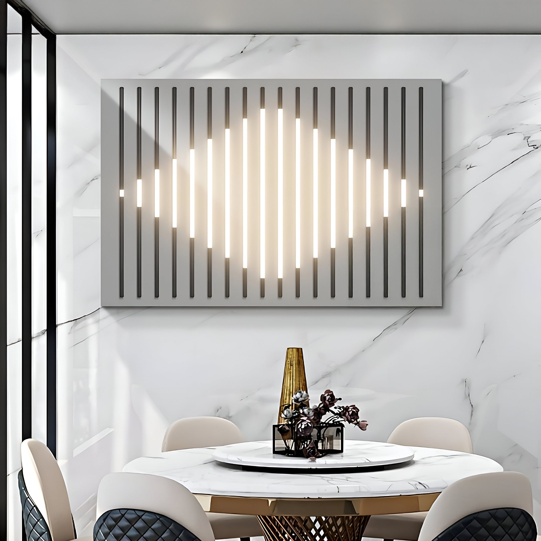 A modern dining space features a round table, cushioned chairs, and the Verlux Geometric Glow 3D LED Wall Art by Giant Sculptures on a marble wall with horizontal slats. A vase of flowers adds a natural touch to the sleek design.