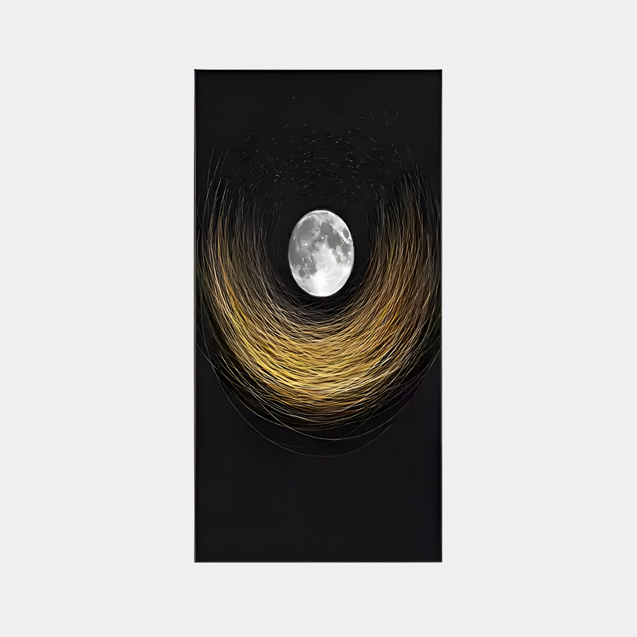 The Celeste Lunar Glow LED Wall Art by Giant Sculptures features a full moon centered in a dark sky, surrounded by swirling wisps of golden light, creating a dynamic and mystical lunar motif against the black background, perfect for celestial inspiration.