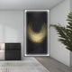 Giant Sculptures Celeste Radiant Vortex LED Wall Art features modern, abstract light and dark U-shaped strands on a black background. Its framed on a minimalist wall beside a plant, with a sofa and cabinet partly visible, adding to the contemporary decor.