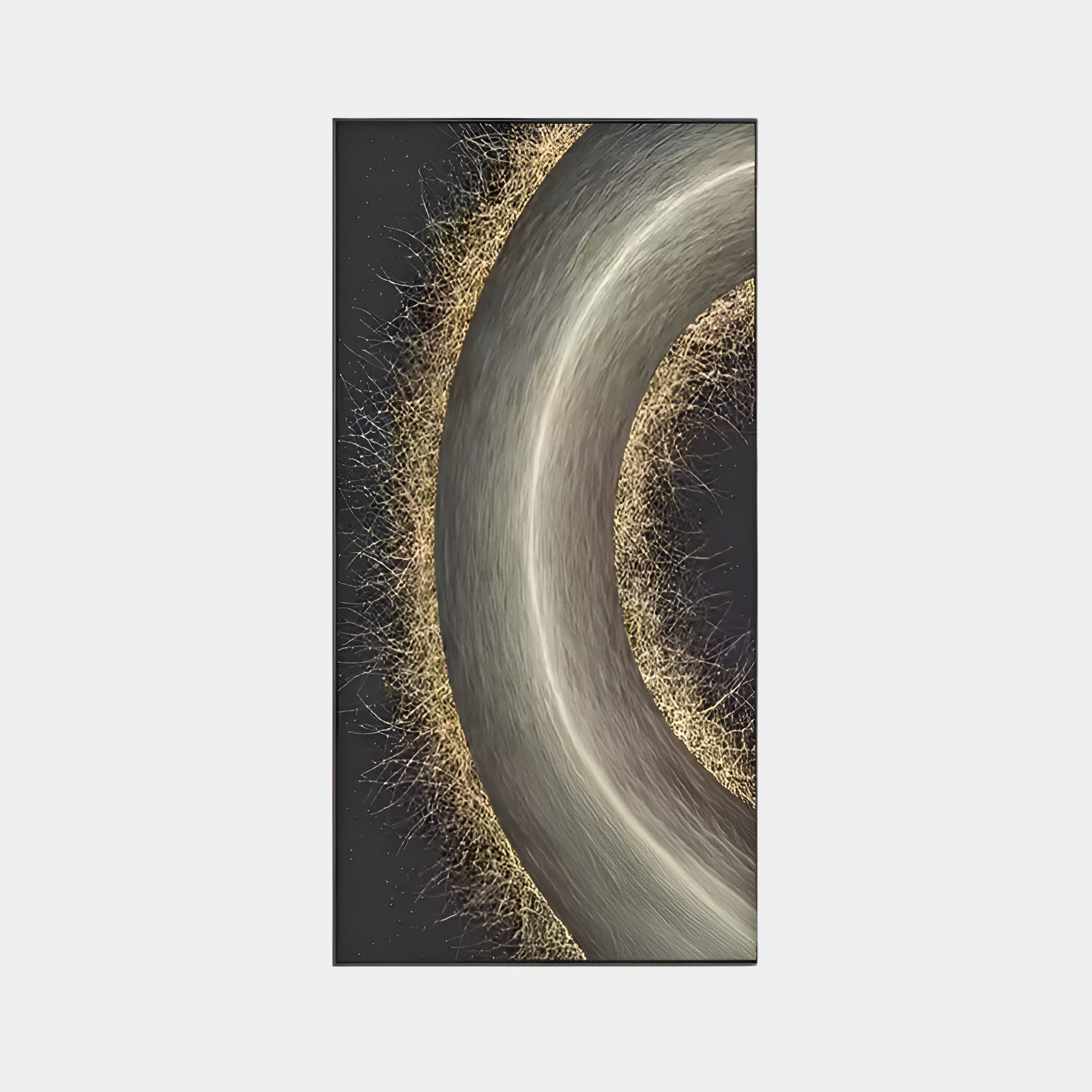 The Celeste Orbit Glow LED Wall Art by Giant Sculptures features a metallic arc against a dark background, bordered by thin gold-like strands that evoke a celestial design. This dynamic and elegant piece is perfect for modern interiors.