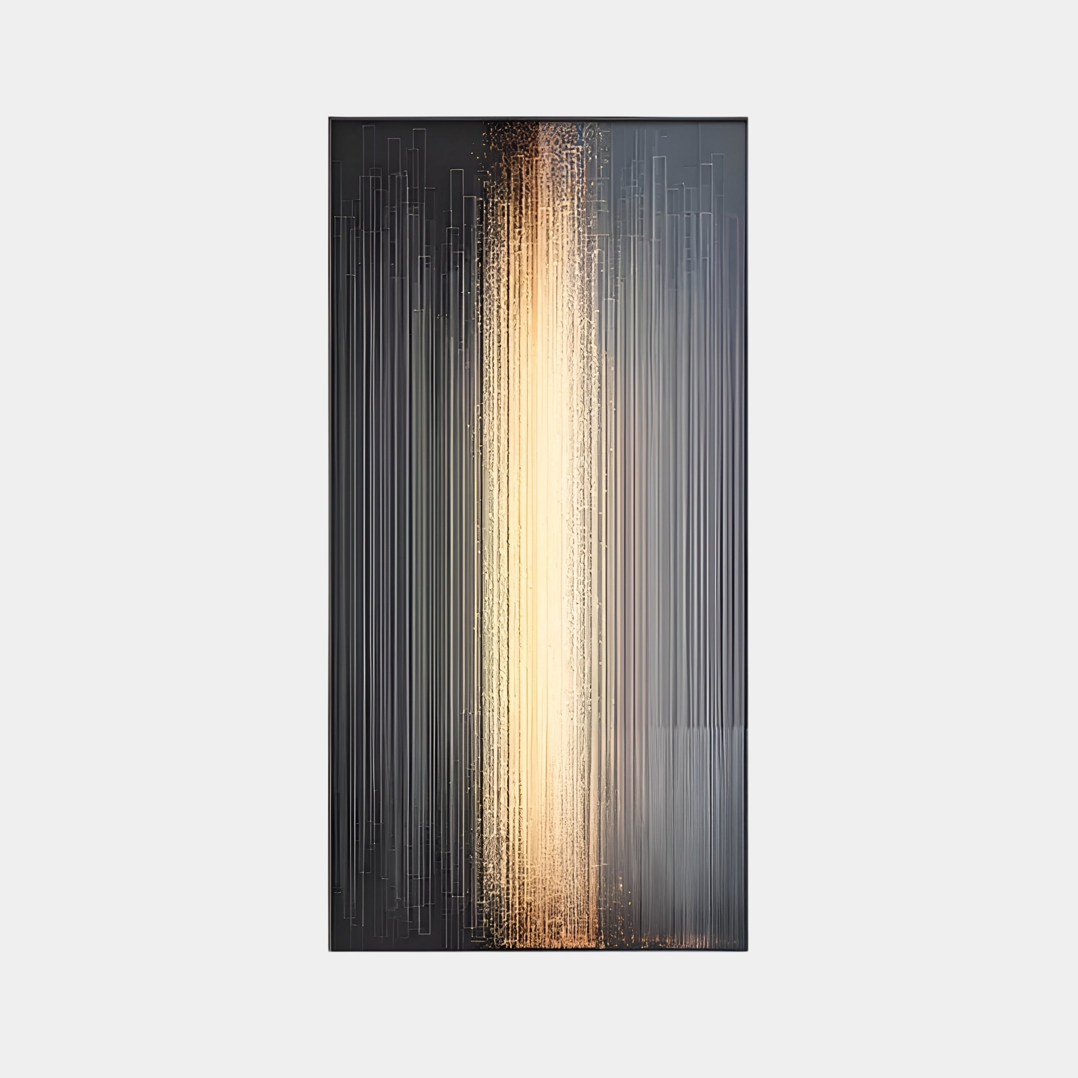 The Celeste Luminescent Cascade LED Wall Art by Giant Sculptures features abstract digital artwork with black and cream vertical lines, ideal for modern interiors. The design creates depth and movement, converging to a luminous glow reminiscent of light bursts or streams.