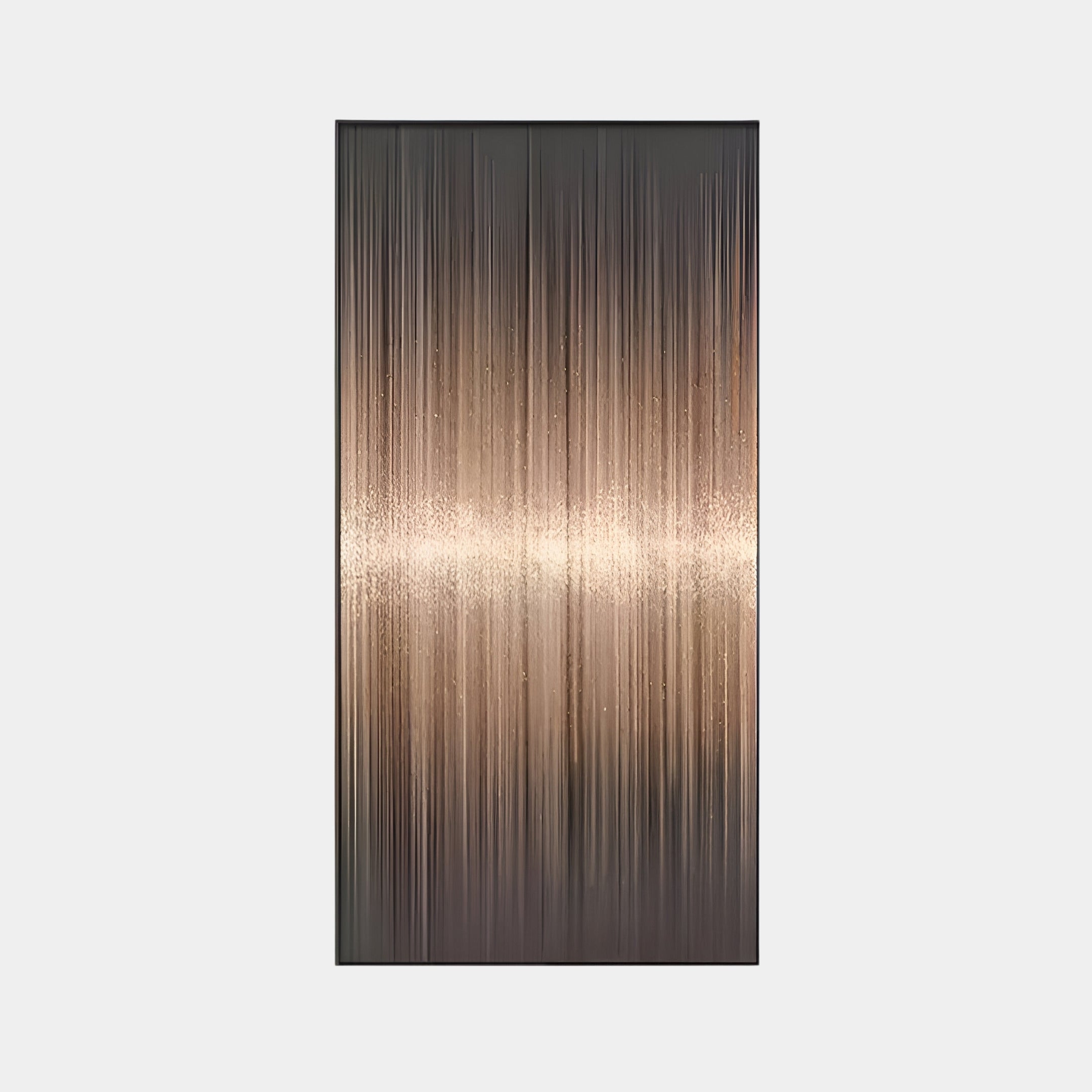 The Celeste Cosmic Veil LED Wall Art by Giant Sculptures features a rectangular design with vertical streaks in black, brown, and metallic gold. Its glowing center creates a celestial gradient effect, ideal for enhancing modern interiors.