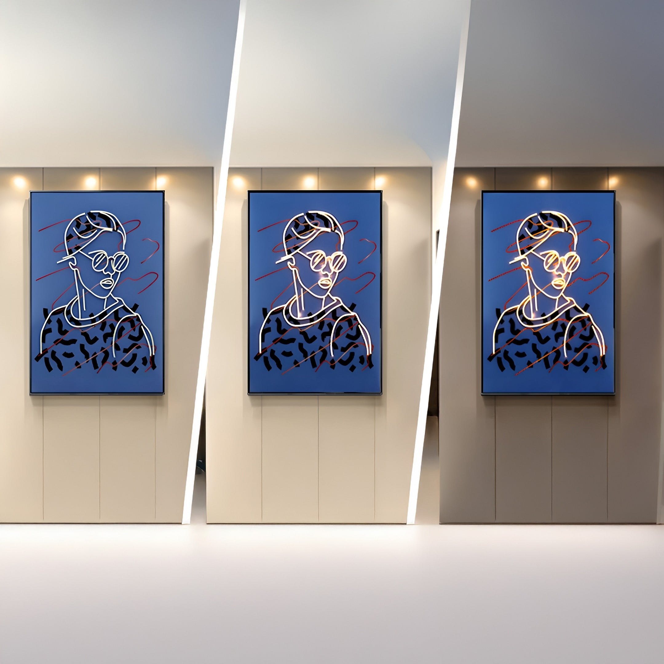 A modern art gallery display features the Polaris Urban Vogue Crystal Porcelain 3D LED Wall Art by Giant Sculptures, showcasing three abstract portraits of a person on dark blue backgrounds. Each piece is framed and illuminated against a light wall, with bold lines and vibrant color variations.