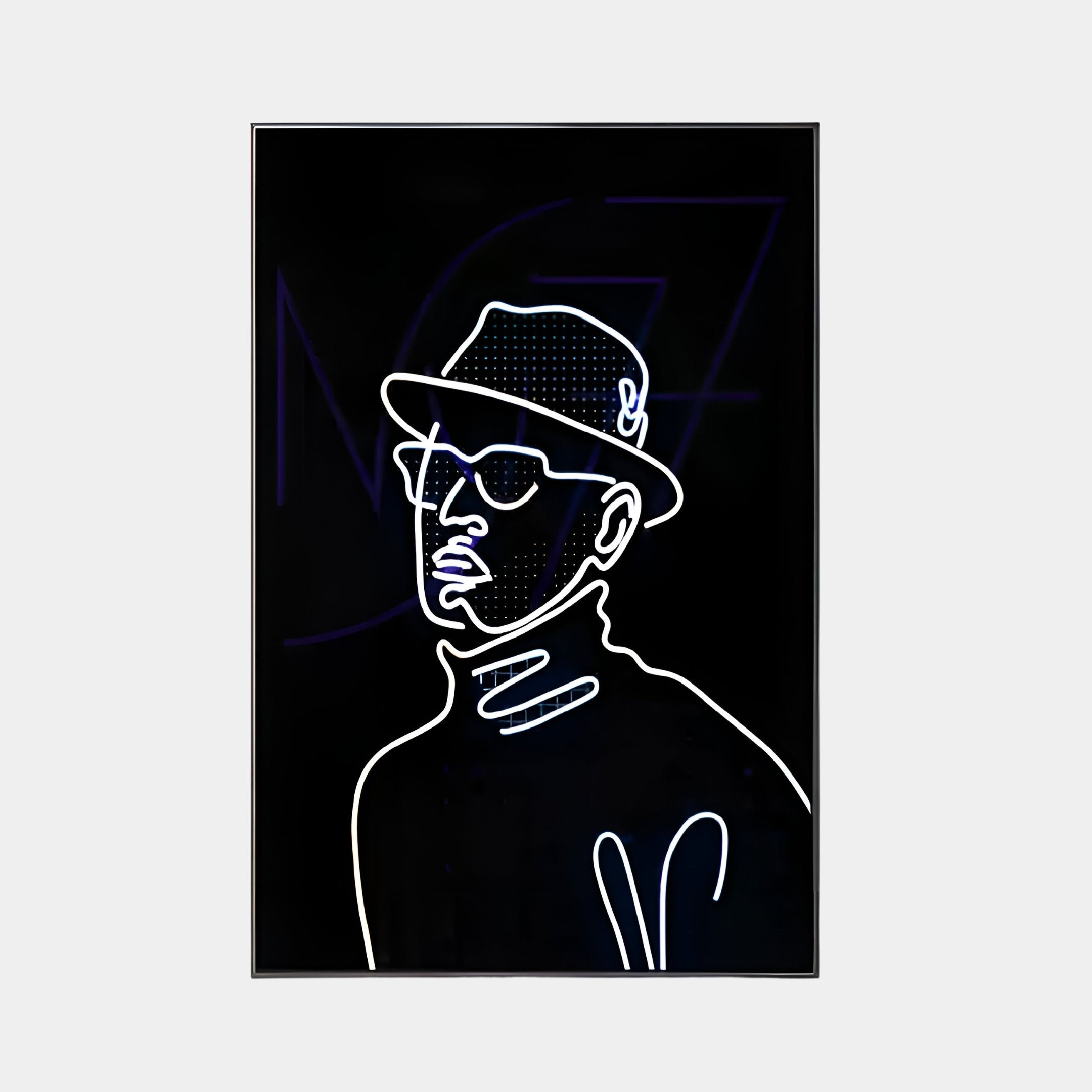 A neon-style illustration shows a person wearing a fedora, sunglasses, and high-collared jacket, evoking the Polaris Retro Charm Crystal Porcelain 3D LED Wall Art by Giant Sculptures against a dark backdrop.