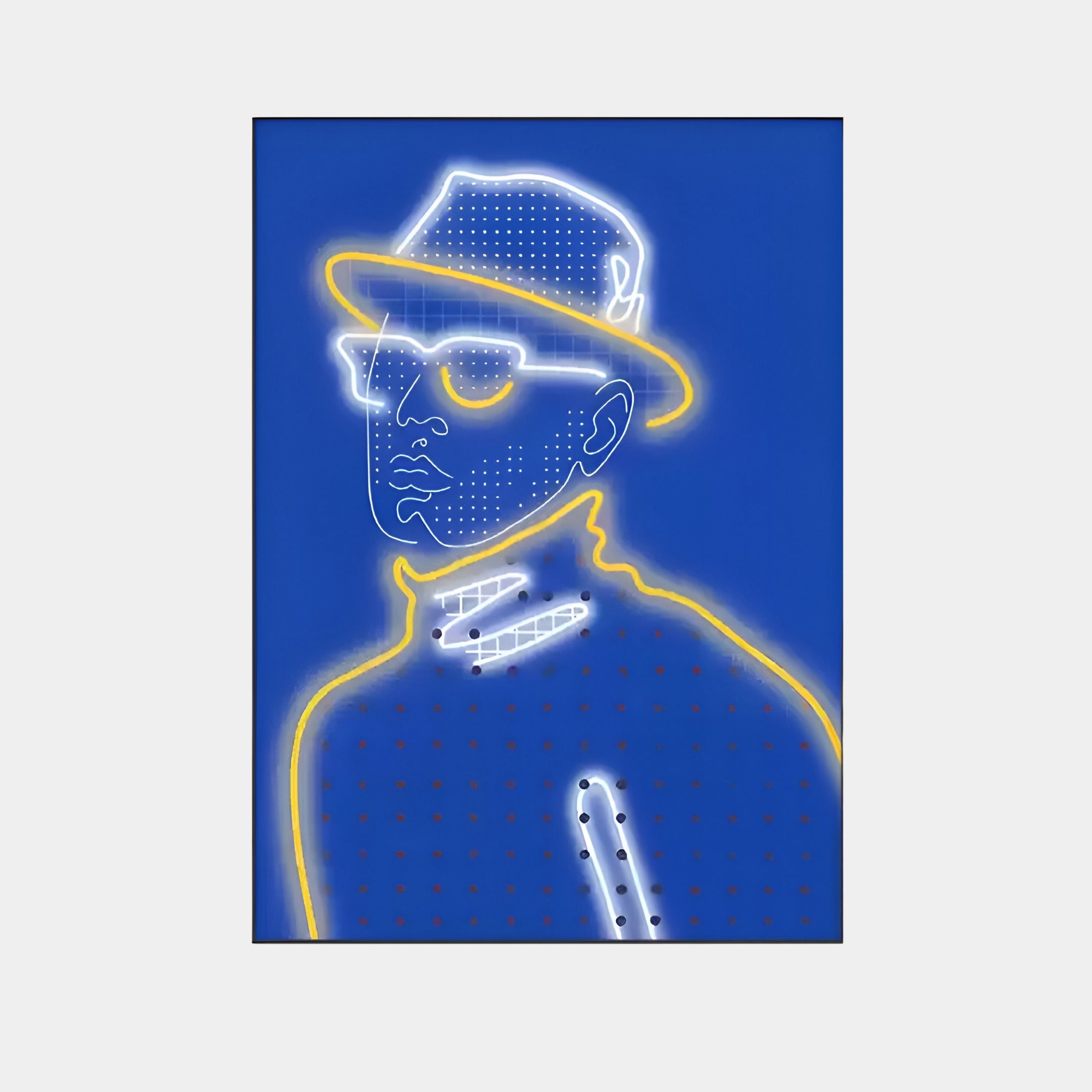 Neon art of a hat-wearing, bespectacled person glows on a blue backdrop like the Orison Blue Illusion Crystal Porcelain 3D LED Wall Art by Giant Sculptures. Yellow outlines and white highlights create a vibrant, modern look that captivates with its LED illumination and unique texture.