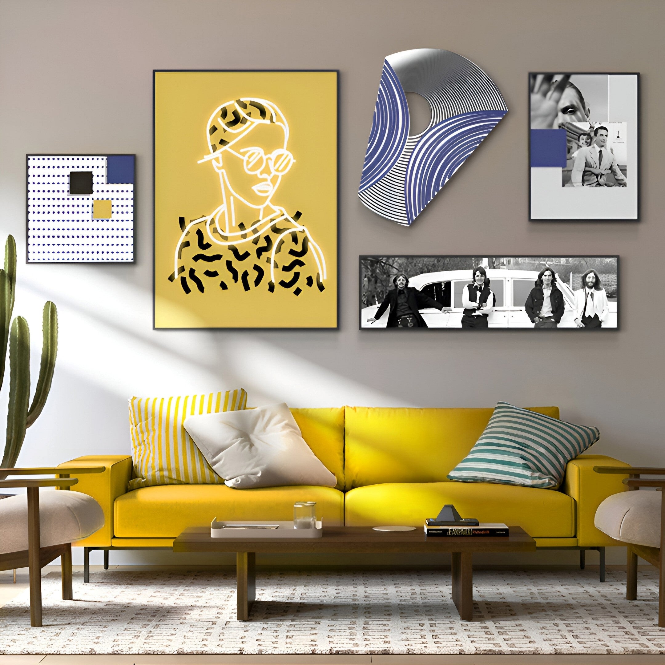 A living room includes a bright yellow sofa with striped pillows, a modern wooden coffee table, and a tall cactus. The walls feature Giant Sculptures Orison Noir Harmony UV Wood 3D Wall Art alongside abstract art and black-and-white photos for an artistic ambiance.