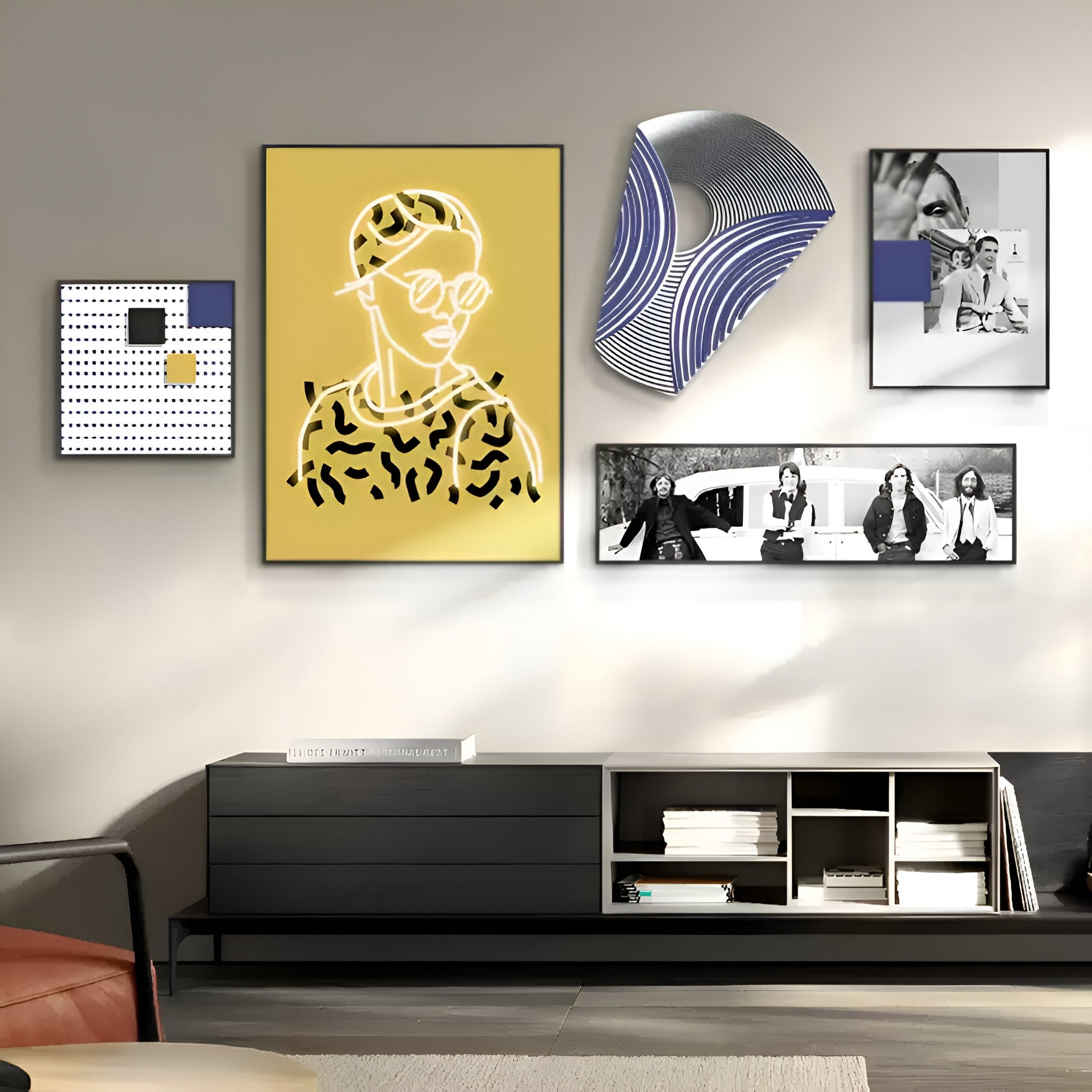 A modern living room wall features Giant Sculptures Orison Noir Harmony UV Wood 3D LED Wall Art, highlighting abstract, artistic frames like a portrait on a yellow background. Geometric patterns and black-and-white photos add depth above a sleek black console holding books and decor.