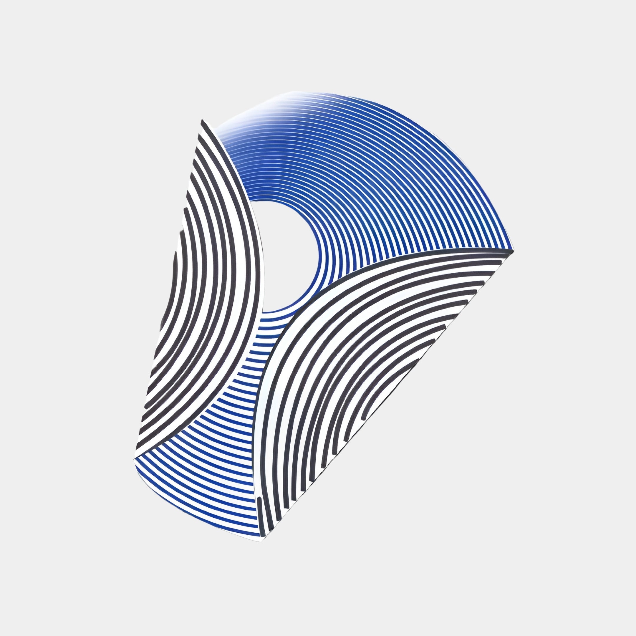 The Orison Noir Harmony UV Wood 3D LED Wall Art by Giant Sculptures features a triangular design with black and blue geometric concentric curves, creating a wave-like effect against a white background.