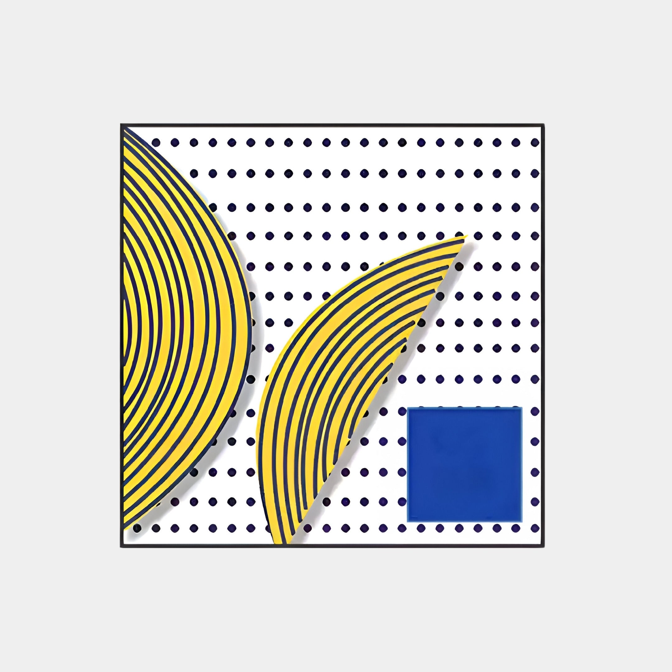 Introducing the Orison Modern Rhythm Crystal Porcelain 3D LED Wall Art by Giant Sculptures: a stunning piece with a black-dotted white square, two overlapping yellow striped curves on the left, and a solid blue square in the lower right.