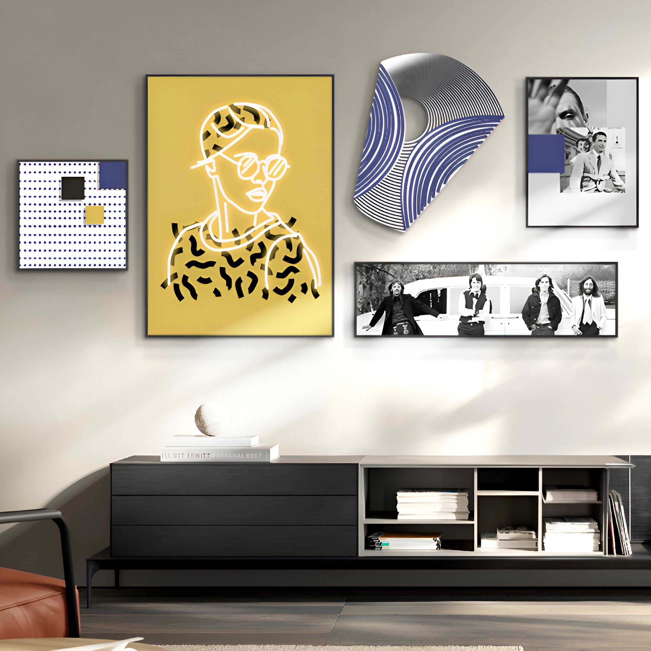 A modern living room showcases the Orison Geometric Play Crystal Porcelain 3D LED Wall Art by Giant Sculptures, featuring five diverse artworks with abstract designs and monochrome photography, enriching the stylish ambiance.