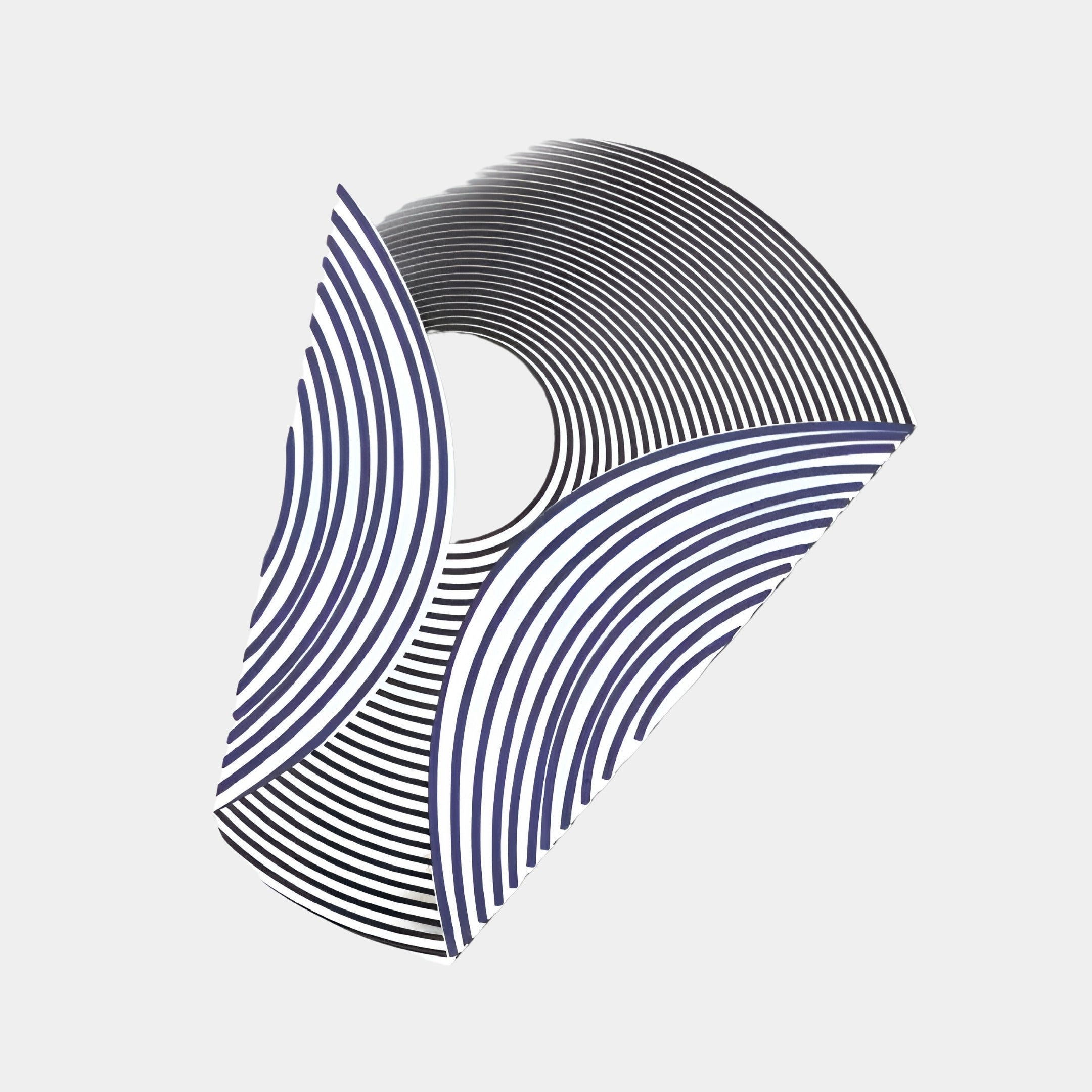 The Orison Monochrome Fusion UV 3D LED Wood Wall Art by Giant Sculptures showcases an abstract geometric cone-like design with concentric black and blue lines in a wavy pattern on light gray, ideal for modern interiors.