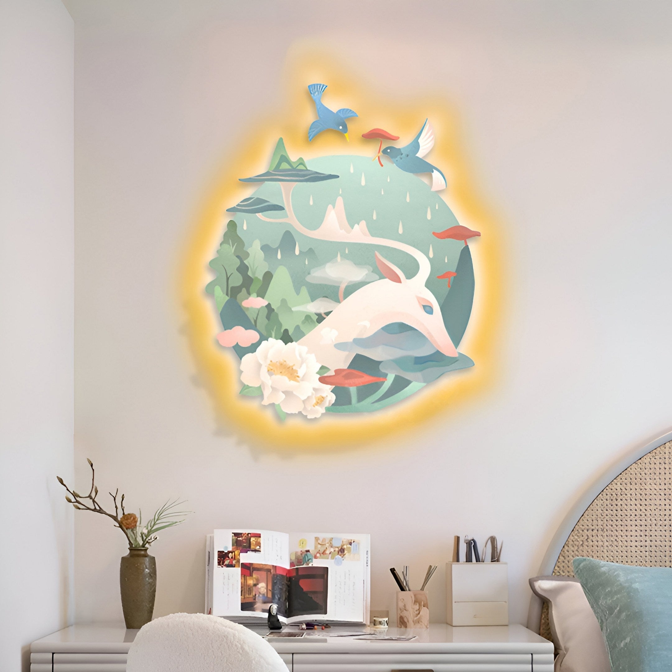 Giant Sculptures Gaia Soft Sage Wood Engraving 3D LED Wall Art features a captivating nature-inspired scene with a stylized deer, hills, flowers, and birds under raindrops. It elegantly transforms your space above a desk adorned with books, pens, and a vase against a softly glowing backdrop.