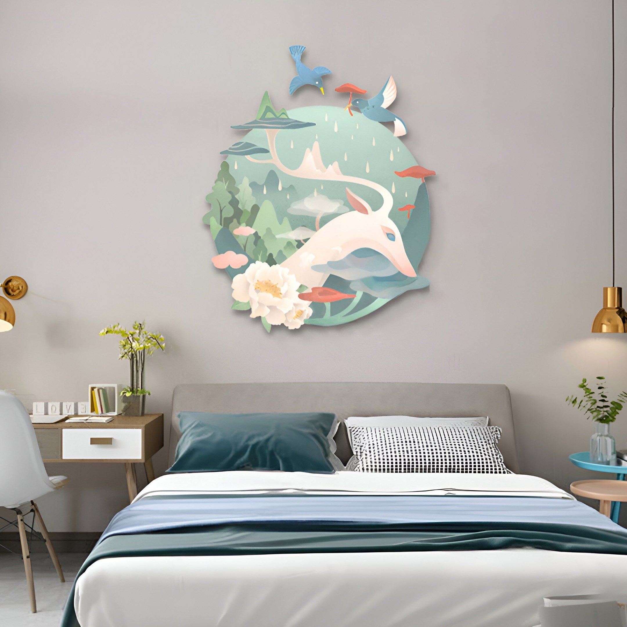 A modern bedroom features a bed with blue and gray bedding, complemented by a white nightstand with flowers. Above the bed, the Gaia Soft Sage Wood Engraving 3D LED Wall Art by Giant Sculptures, depicting birds and a deer, adds vibrancy to the light gray wall beside a wooden shelf.