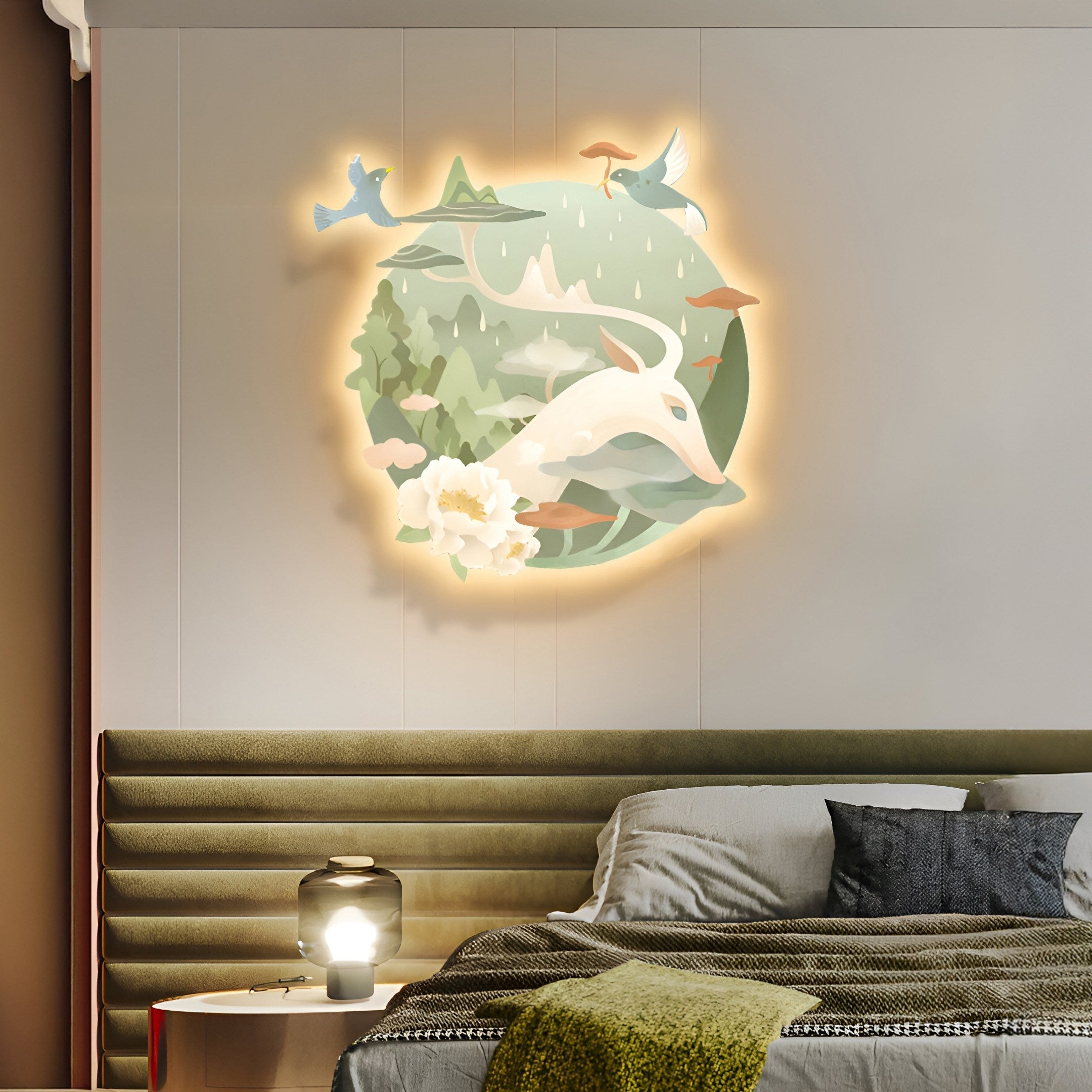 A modern bedroom showcases a plush, olive-green headboard bed with cozy pillows. Above it, the Gaia Misty Pastel Wood Engraving 3D LED Wall Art by Giant Sculptures illuminates a stylized landscape of animals and flowers. A round bedside table holds a warm-lit lamp, providing gentle ambience.