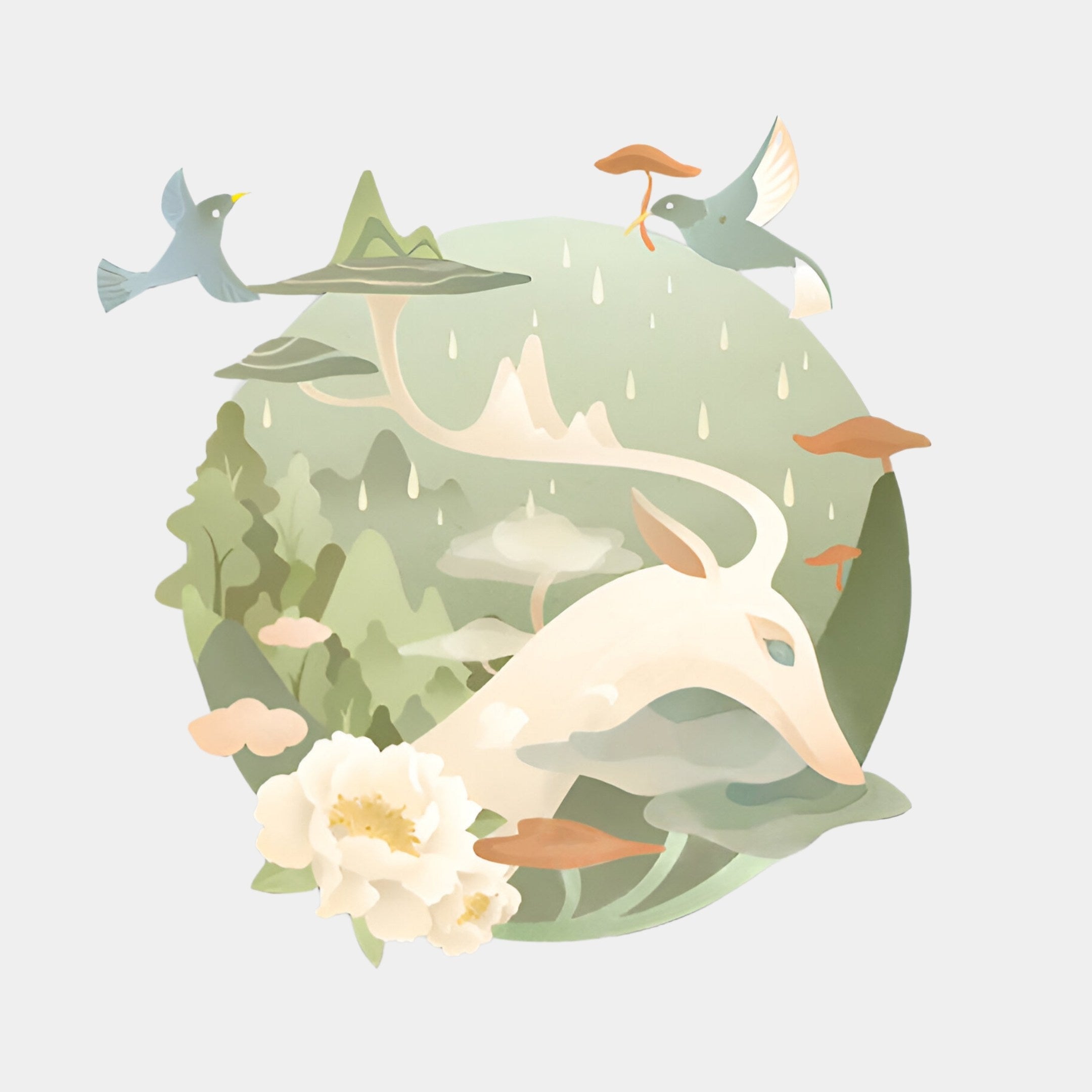 The Gaia Misty Pastel Wood Engraving 3D LED Wall Art by Giant Sculptures features a whimsical illustration of a white deer with long antlers, floral accents, and birds near a floating island. The circular design in soft pastel greens and browns creates a dreamy, fantasy-like forest scene.