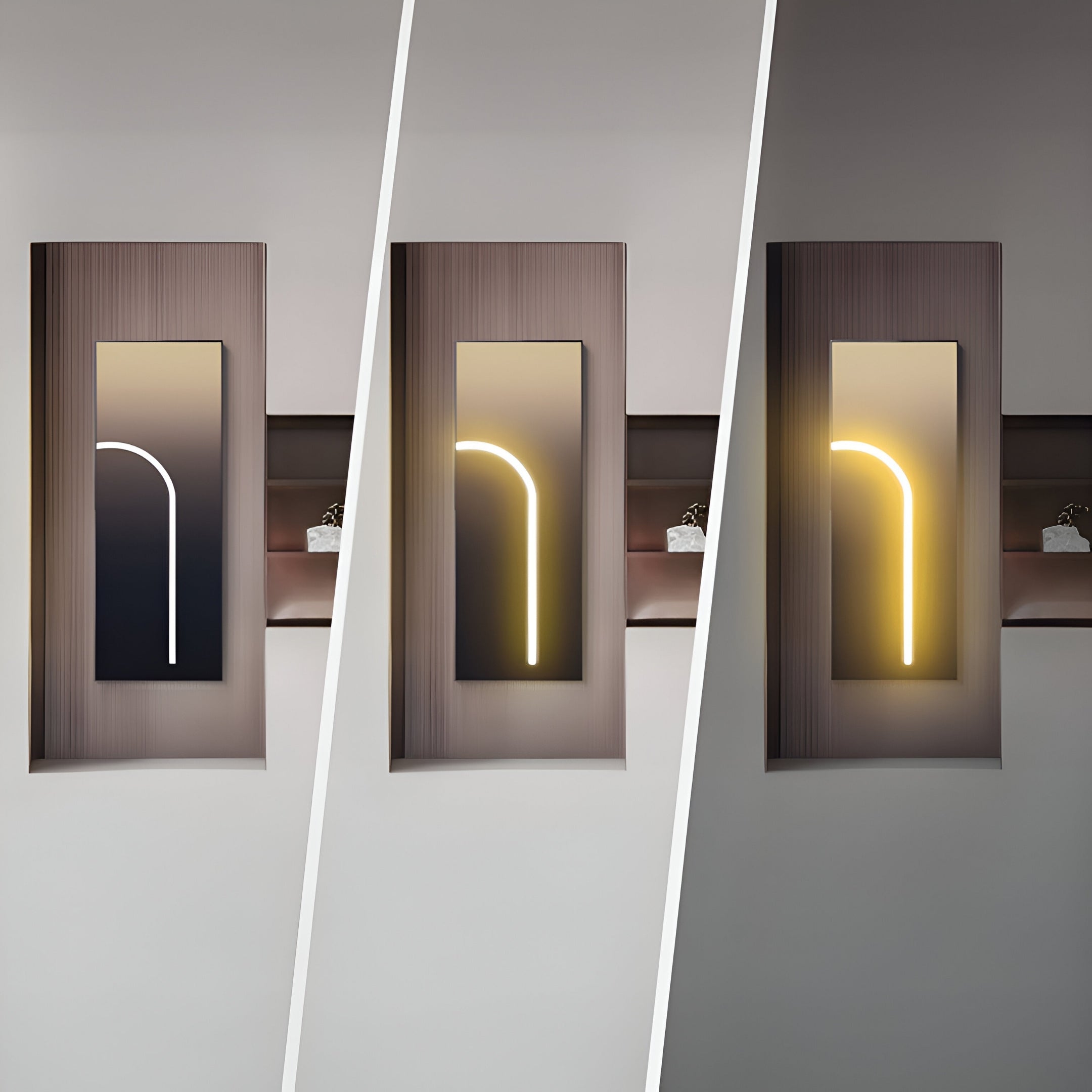 Modern LED wall art sequence showcasing different lighting modes with a curved design, complementing refined interior aesthetics.