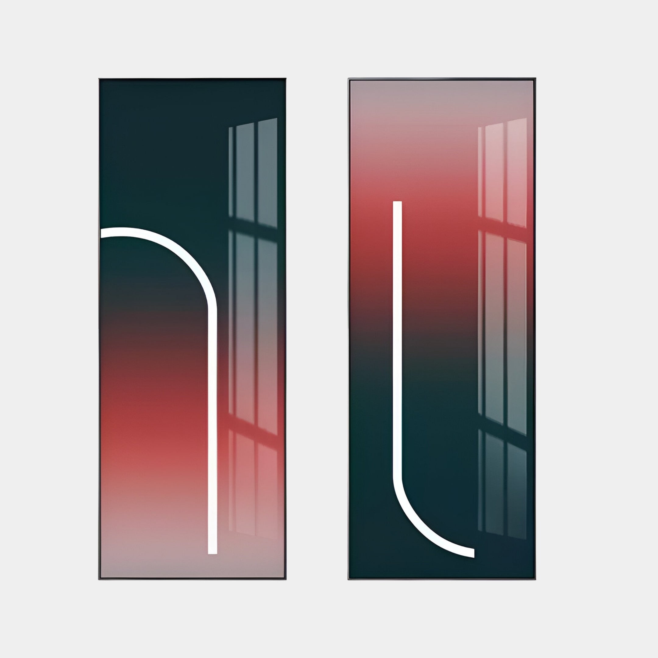 Set of two modern wall art panels featuring minimalist curved white lines on a red-to-teal gradient background, perfect for contemporary interiors.