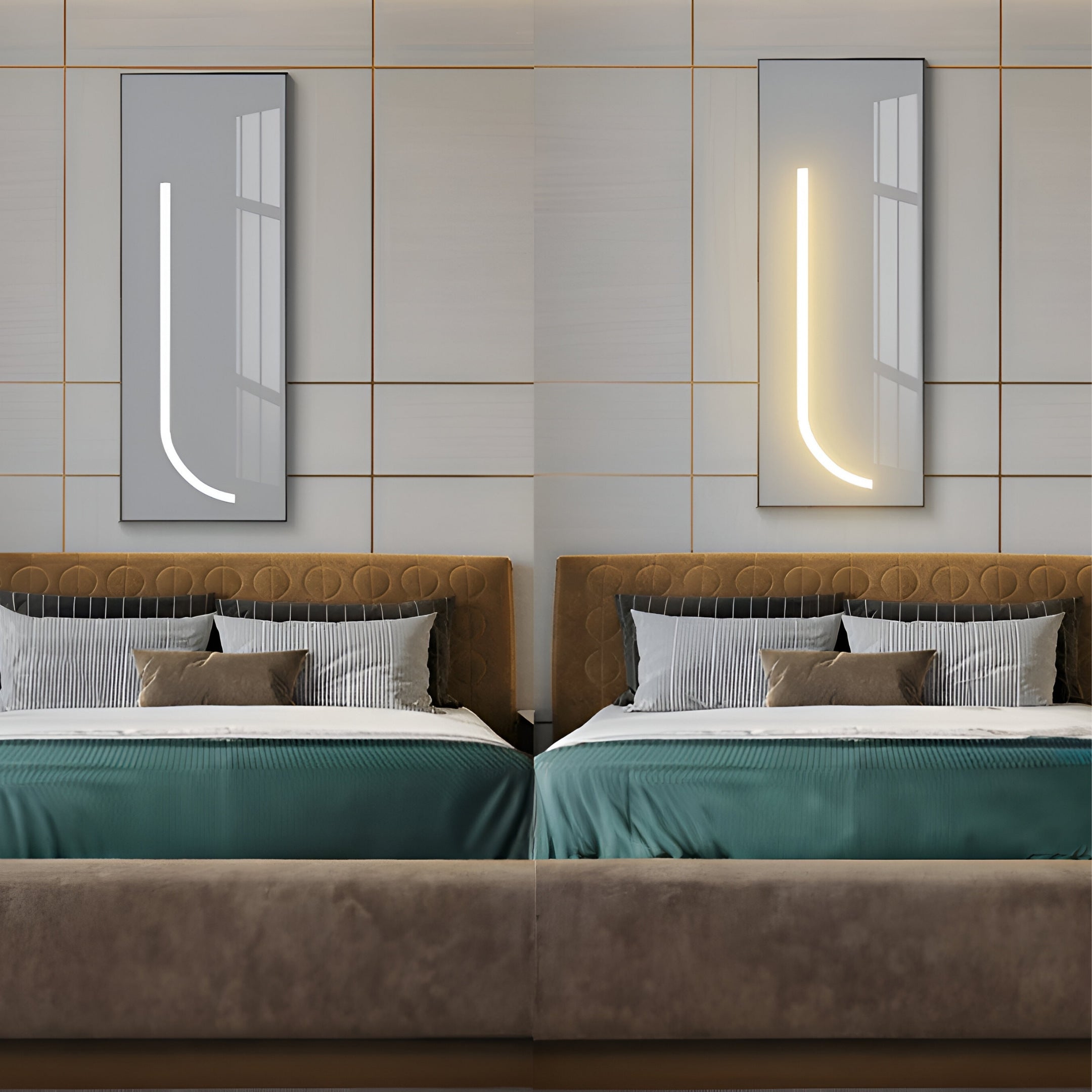 Contemporary bedroom wall art with a minimalist curved LED design, enhancing modern decor with ambient lighting options.