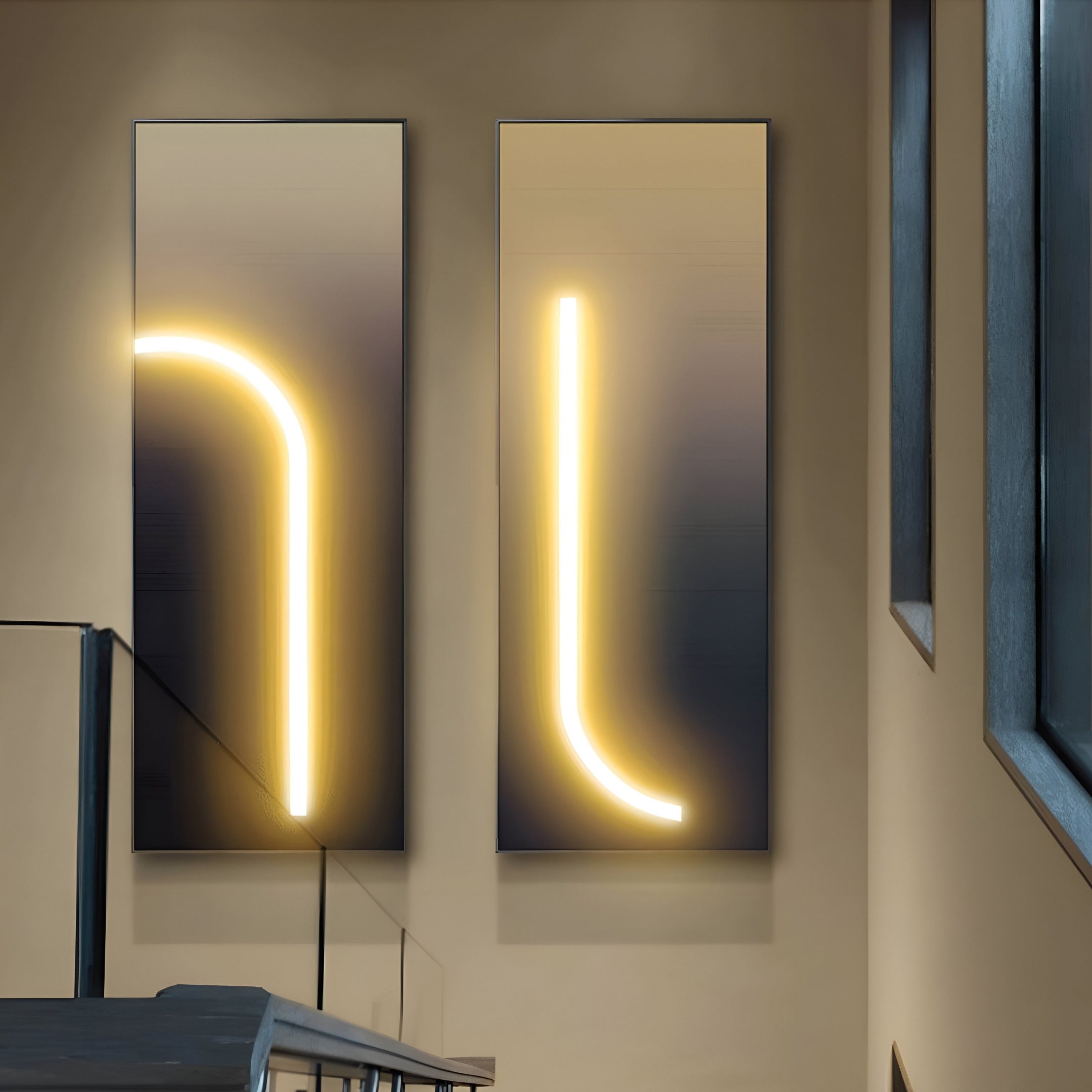 Pair of LED wall panels featuring curved glowing lines over a neutral gradient, adding contemporary elegance to stairway interiors.