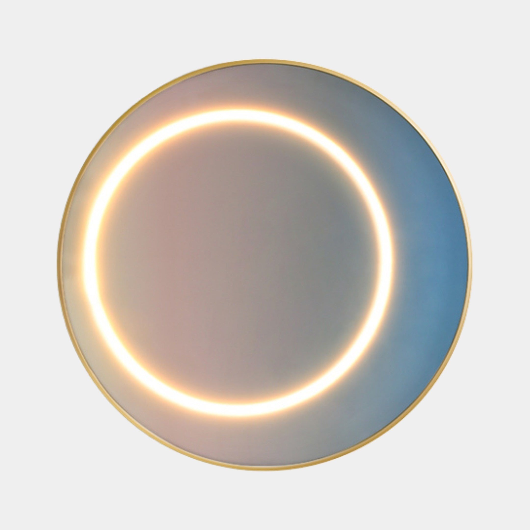 The Aurora Pastel Glow Crystal Porcelain LED Wall Art by Giant Sculptures features a circular mirror surrounded by a thin, warm LED-lit ring and a gold frame that reflects subtle blue and gray hues for a soft, modern look.