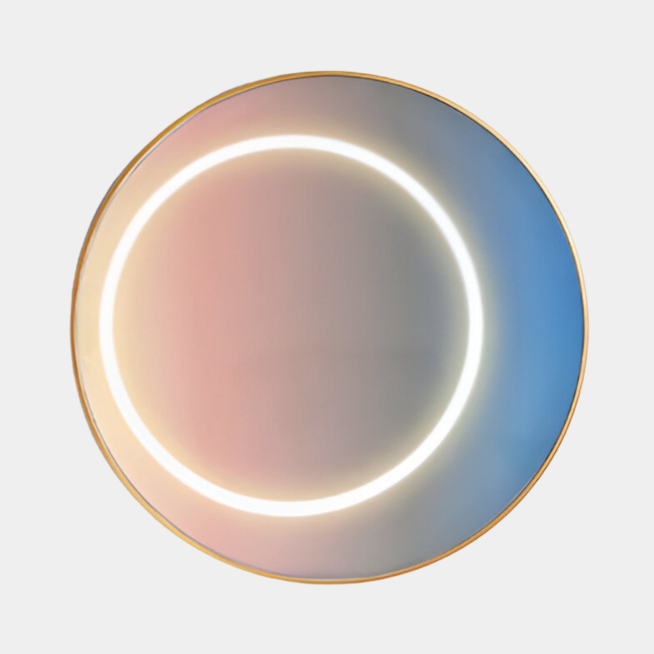 The Aurora Blush Mist Crystal Porcelain LED Wall Art by Giant Sculptures features a round design with a golden frame, casting pink and blue hues across its surface.