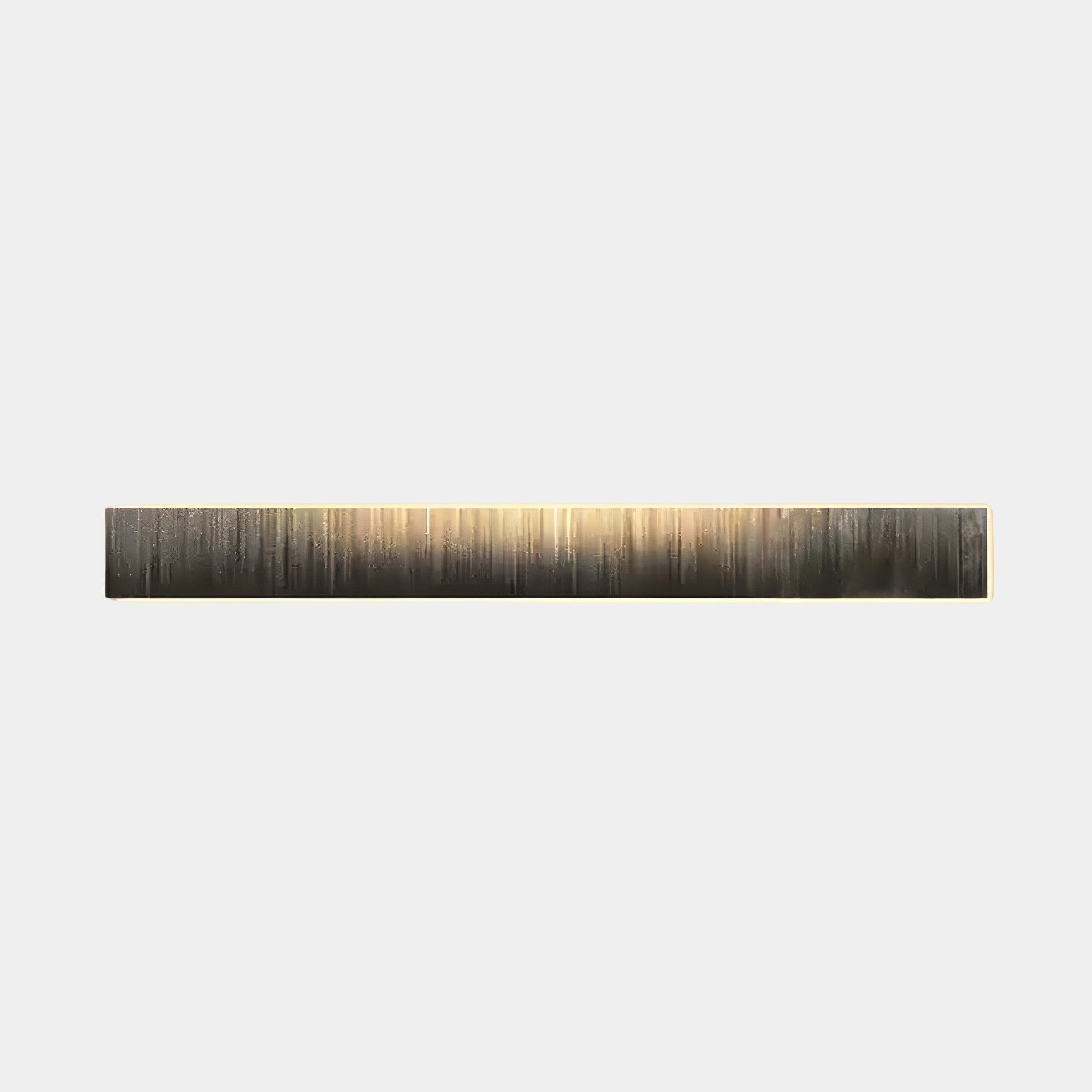 The Radiance Bronze Luster Canvas LED Wall Art by Giant Sculptures is a long, narrow strip with a textured pattern featuring golden vertical streaks on a dark background, showcasing an abstract and artistic design with metallic hues from light gold at the center to darker edges.