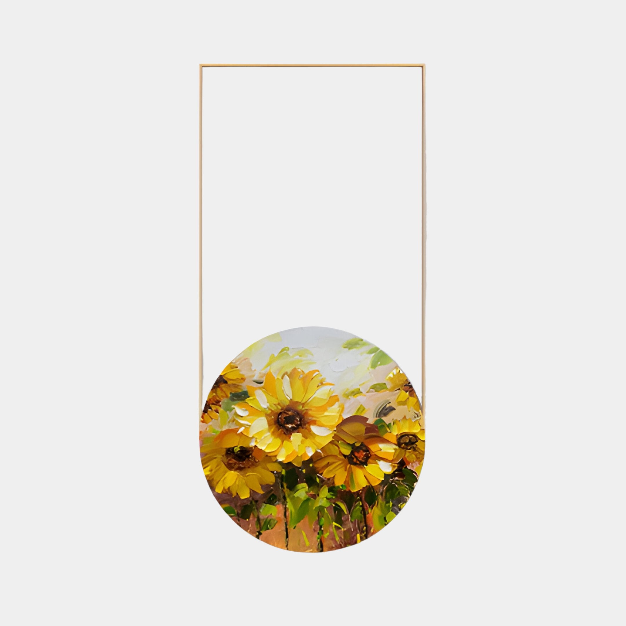 The Orion Sunflower Fields II Oil Painting LED Wall Art by Giant Sculptures displays vibrant sunflowers in a circular design on a minimalist white background, framed with a thin gold border. Rich green leaves and warm hues create an elegant, timeless piece for any space.