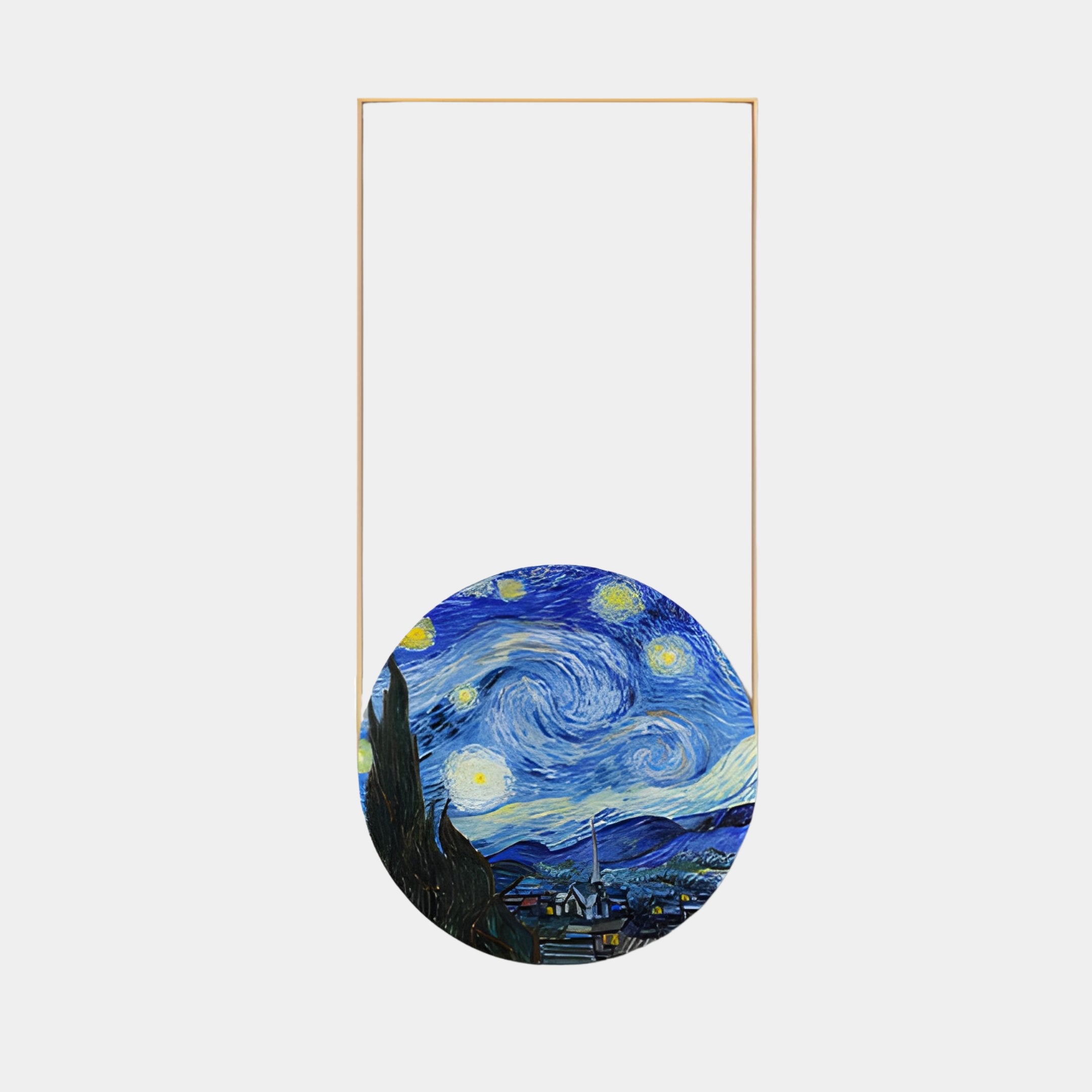 A piece of Giant Sculptures Orion Starry Skies Oil Painting LED Wall Art features a segment of Van Gogh’s Starry Night at the bottom of an exclamation mark, enhanced by a thin vertical golden line on white, evoking cosmic splendor like starry skies.