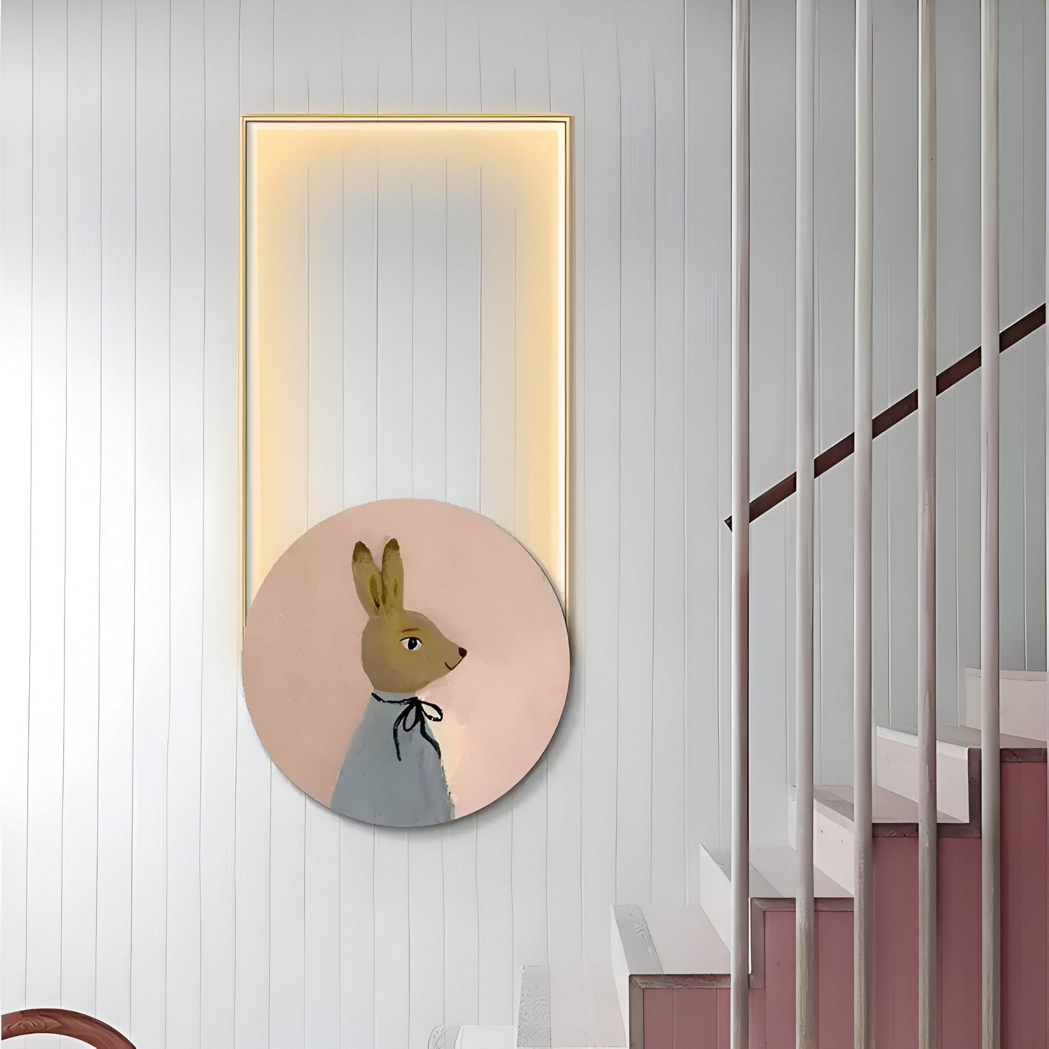 The Orion Bunny Daydream Oil Painting LED Wall Art by Giant Sculptures is displayed next to a staircase with white and pink steps. This round artwork features an animal with rabbit ears, a bow on its neck, and a blue outfit, all framed by warm-glowing LED art.